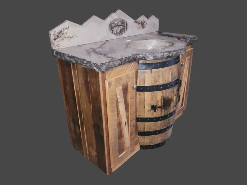 Rustic Whiskey Barrel Vanity with Concrete Sink & Bear Backsplash - 1st Choice Furniture Direct