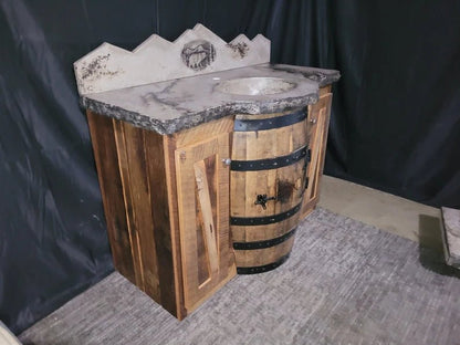 Rustic Whiskey Barrel Vanity with Concrete Sink & Bear Backsplash - 1st Choice Furniture Direct