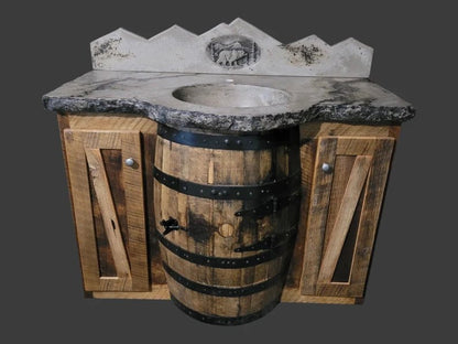 Rustic Whiskey Barrel Vanity with Concrete Sink & Bear Backsplash - 1st Choice Furniture Direct
