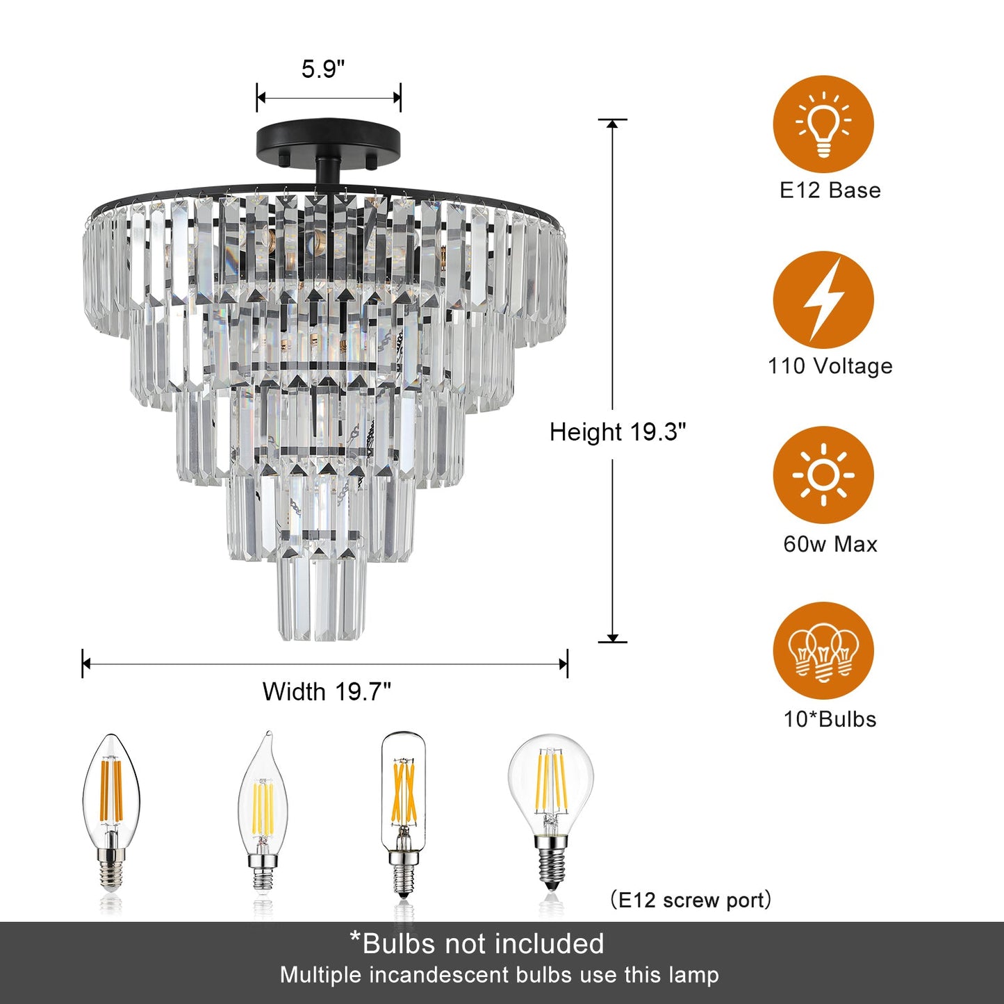 (Same as W1340110374/L5011) 20' Black Crystal Chandelier Ceiling Light, Modern Luxury 10 - Light Flush Mount Light Fixture, Elegant Home Lighting for Living Room, Dining Room, Bedroom (No Bulbs) - 1st Choice Furniture Direct