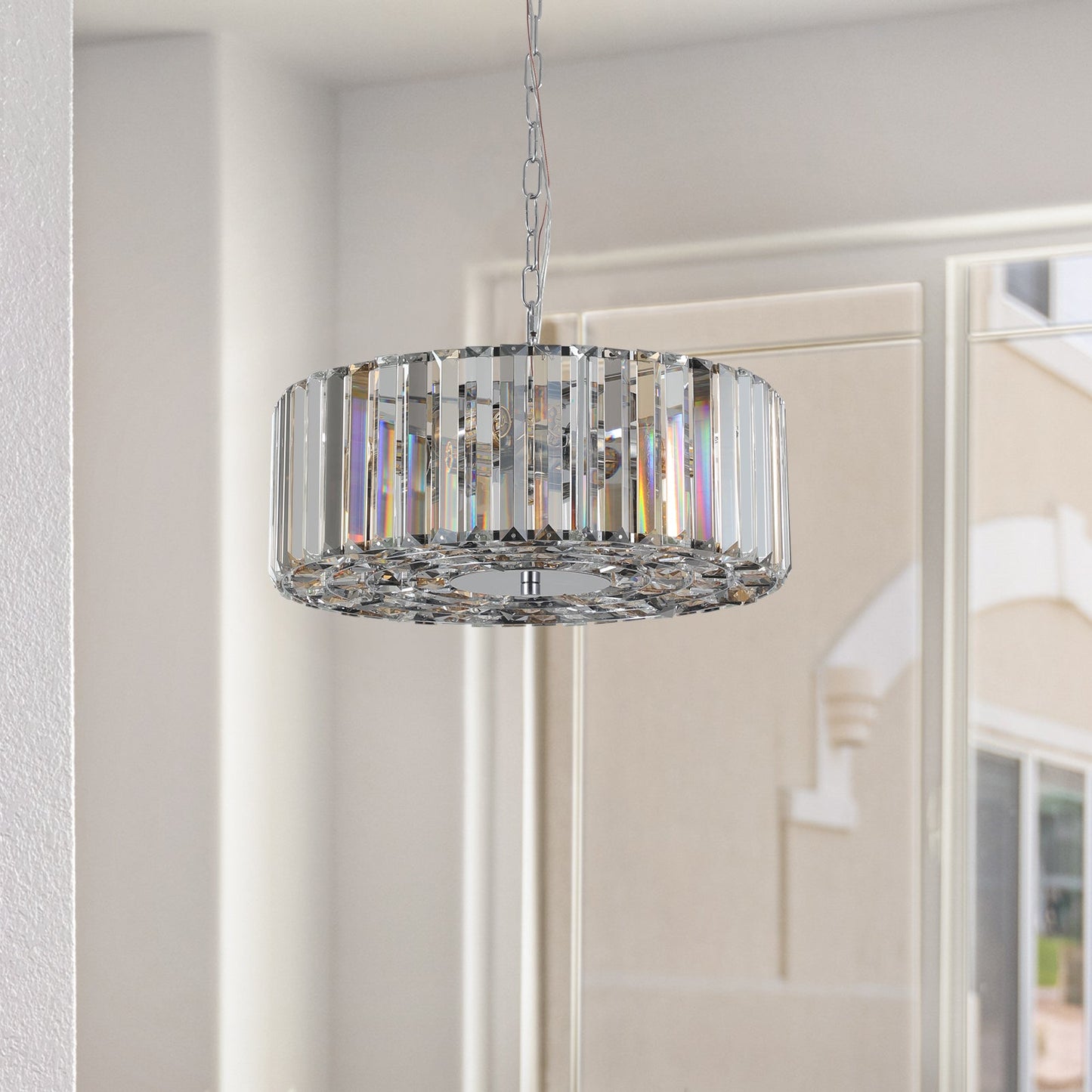 (Same as W1340120171/L5017) 17' Chrome Crystal Pendant Chandelier, Modern Hanging Light Fixture with Adjustable Height, 4 - Light E26 Base for Living Room, Dining Room, or Kitchen (No Bulbs) - 1st Choice Furniture Direct