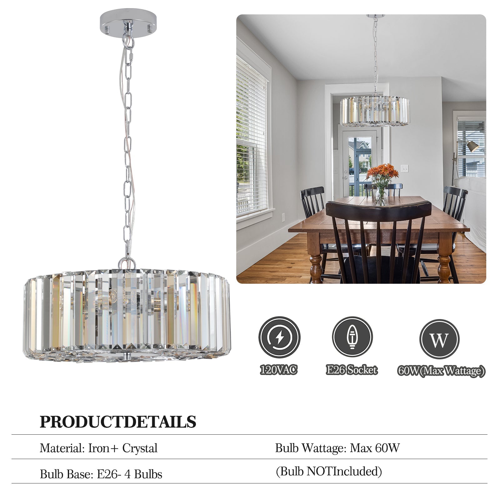 (Same as W1340120171/L5017) 17' Chrome Crystal Pendant Chandelier, Modern Hanging Light Fixture with Adjustable Height, 4 - Light E26 Base for Living Room, Dining Room, or Kitchen (No Bulbs) - 1st Choice Furniture Direct