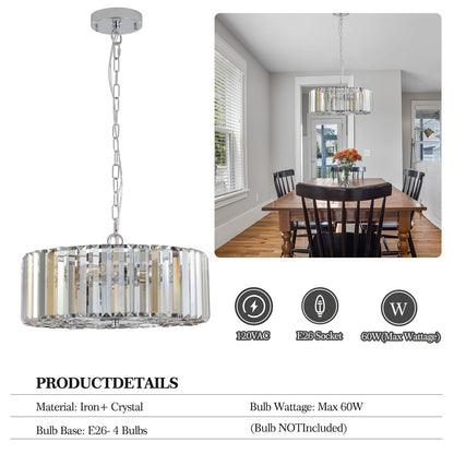 (Same as W1340120171/L5017) 17' Chrome Crystal Pendant Chandelier, Modern Hanging Light Fixture with Adjustable Height, 4 - Light E26 Base for Living Room, Dining Room, or Kitchen (No Bulbs) - 1st Choice Furniture Direct