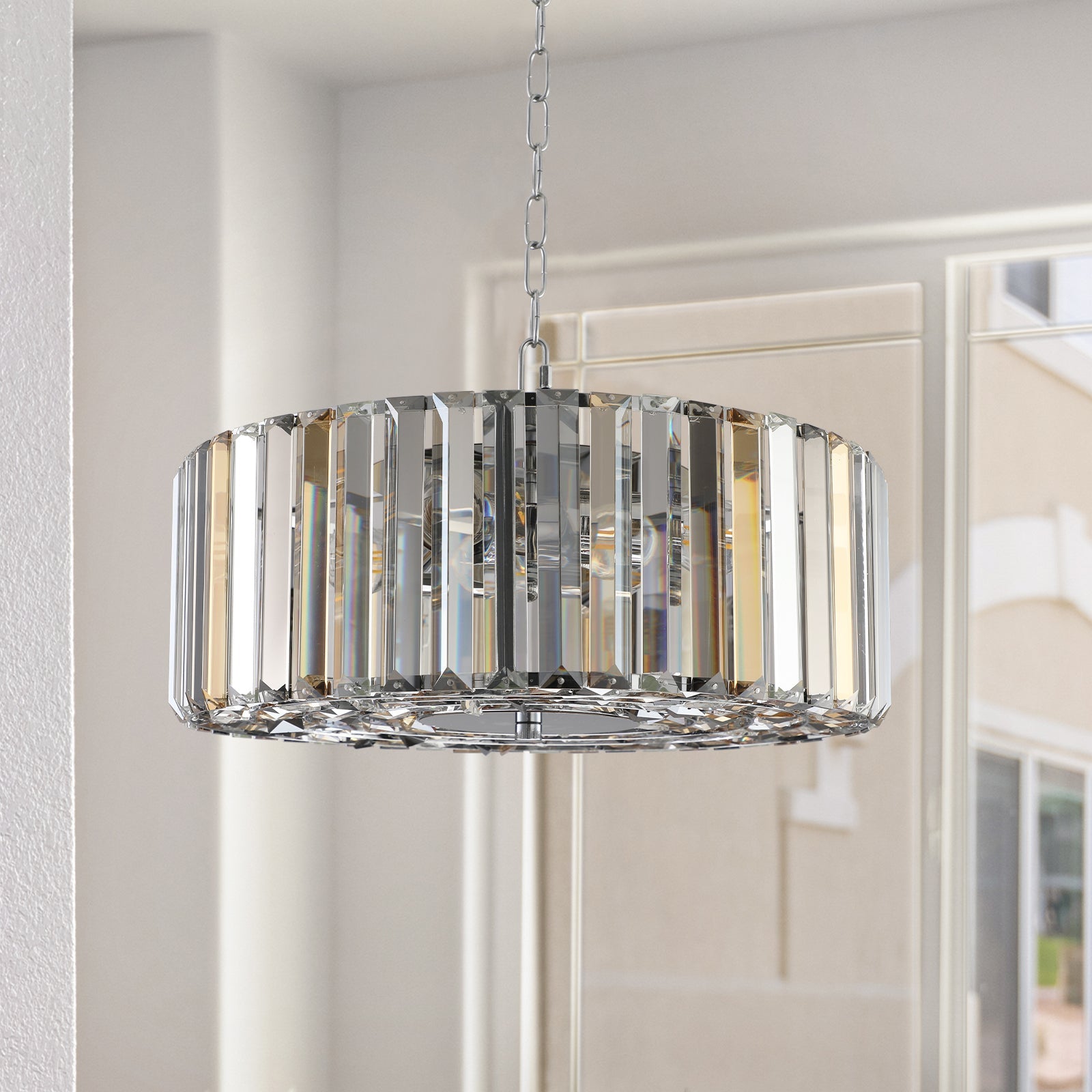 (Same as W1340120171/L5017) 17' Chrome Crystal Pendant Chandelier, Modern Hanging Light Fixture with Adjustable Height, 4 - Light E26 Base for Living Room, Dining Room, or Kitchen (No Bulbs) - 1st Choice Furniture Direct