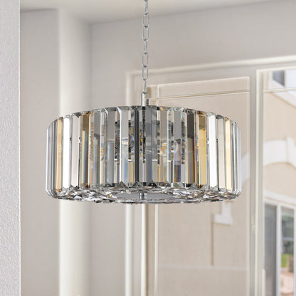 (Same as W1340120171/L5017) 17' Chrome Crystal Pendant Chandelier, Modern Hanging Light Fixture with Adjustable Height, 4 - Light E26 Base for Living Room, Dining Room, or Kitchen (No Bulbs) - 1st Choice Furniture Direct