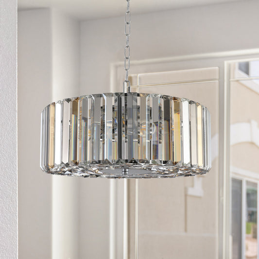 (Same as W1340120171/L5017) 17' Chrome Crystal Pendant Chandelier, Modern Hanging Light Fixture with Adjustable Height, 4 - Light E26 Base for Living Room, Dining Room, or Kitchen (No Bulbs) - 1st Choice Furniture Direct