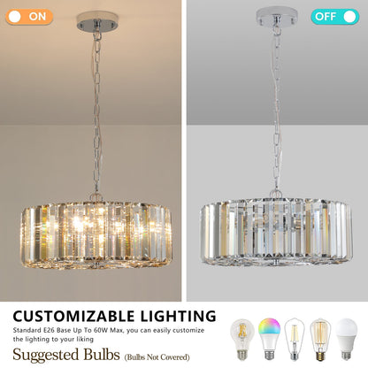 (Same as W1340120171/L5017) 17' Chrome Crystal Pendant Chandelier, Modern Hanging Light Fixture with Adjustable Height, 4 - Light E26 Base for Living Room, Dining Room, or Kitchen (No Bulbs) - 1st Choice Furniture Direct