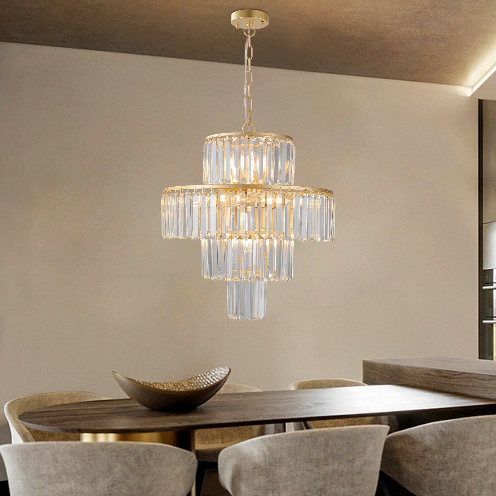 (Same as W1340126461/L5023) 20' Luxury 4 - Tier Crystal Chandelier, 12 - Light Gold Frame Pendant Light, Elegant Ceiling Lighting for Living Room, Dining Room, Bedroom (No Bulbs) - 1st Choice Furniture Direct