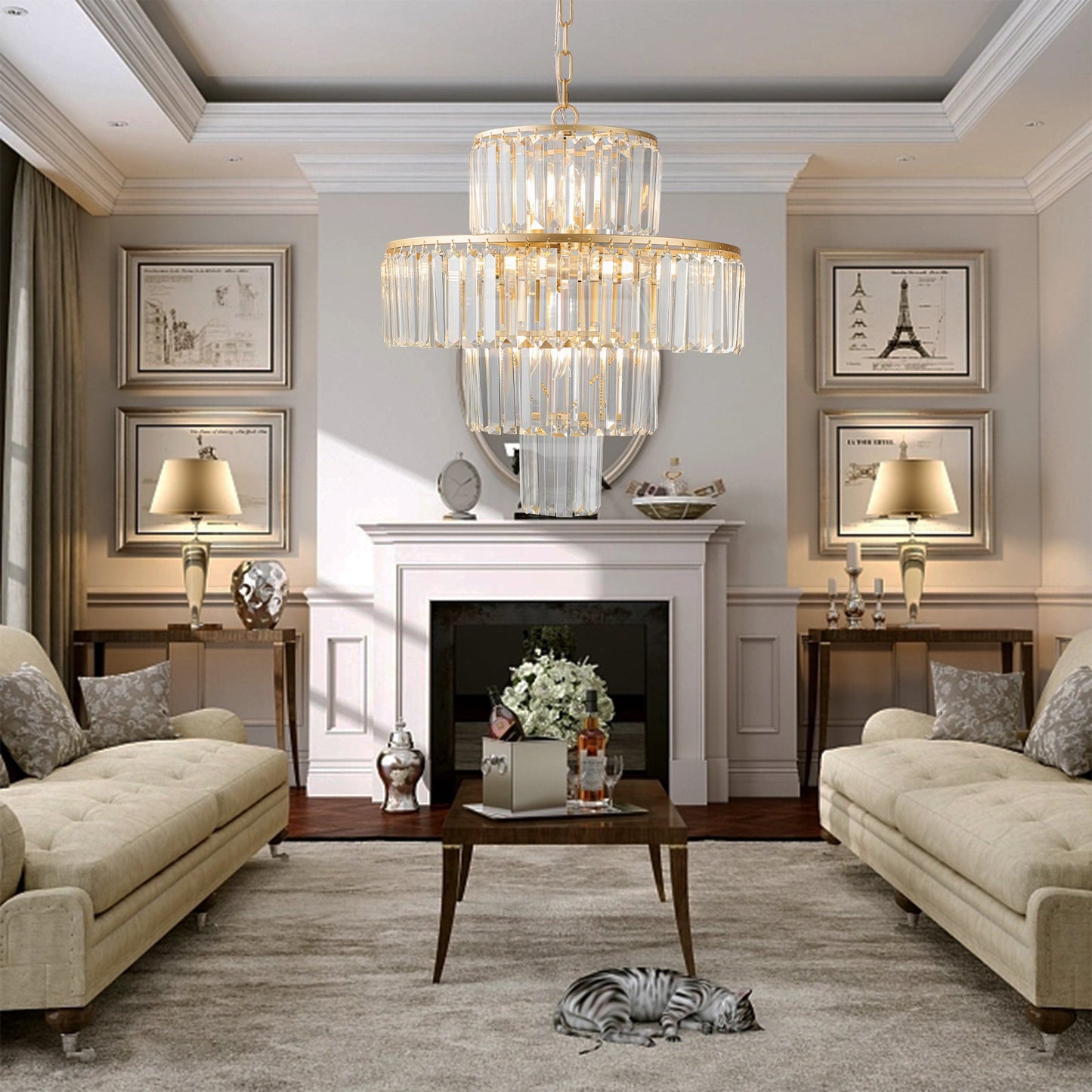 (Same as W1340126461/L5023) 20' Luxury 4 - Tier Crystal Chandelier, 12 - Light Gold Frame Pendant Light, Elegant Ceiling Lighting for Living Room, Dining Room, Bedroom (No Bulbs) - 1st Choice Furniture Direct
