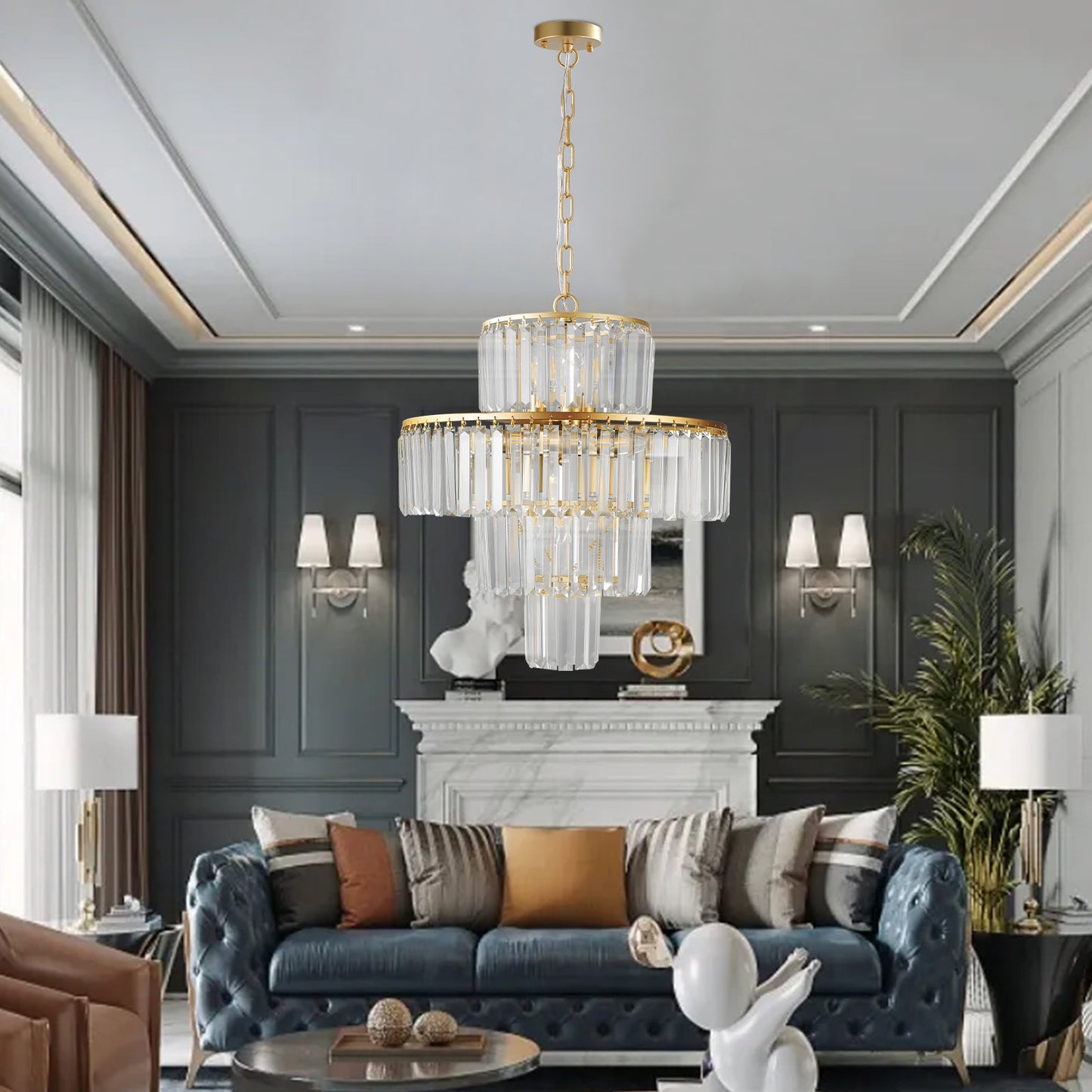 (Same as W1340126461/L5023) 20' Luxury 4 - Tier Crystal Chandelier, 12 - Light Gold Frame Pendant Light, Elegant Ceiling Lighting for Living Room, Dining Room, Bedroom (No Bulbs) - 1st Choice Furniture Direct