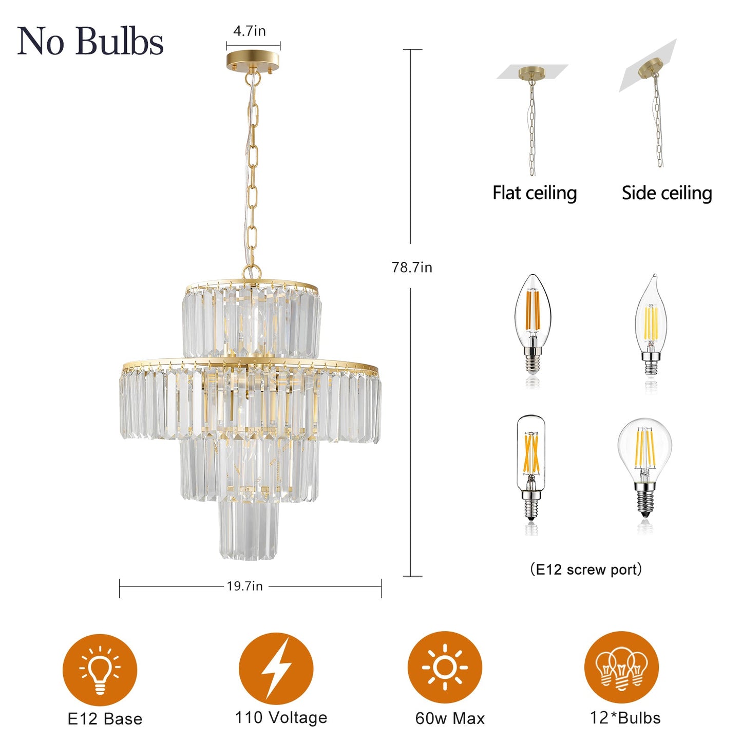 (Same as W1340126461/L5023) 20' Luxury 4 - Tier Crystal Chandelier, 12 - Light Gold Frame Pendant Light, Elegant Ceiling Lighting for Living Room, Dining Room, Bedroom (No Bulbs) - 1st Choice Furniture Direct