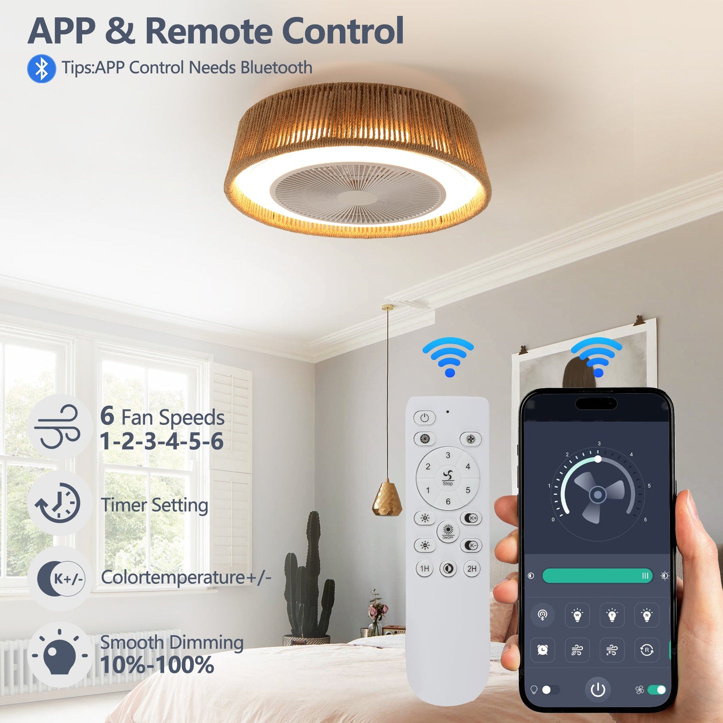(Same as W1340137055/L10003) 21' Bohemian Braided Ceiling Fan Light, Silent Remote Control with Timing Function, Adjustable Color Temperature, Suitable for Bedroom and Living Room - 1st Choice Furniture Direct