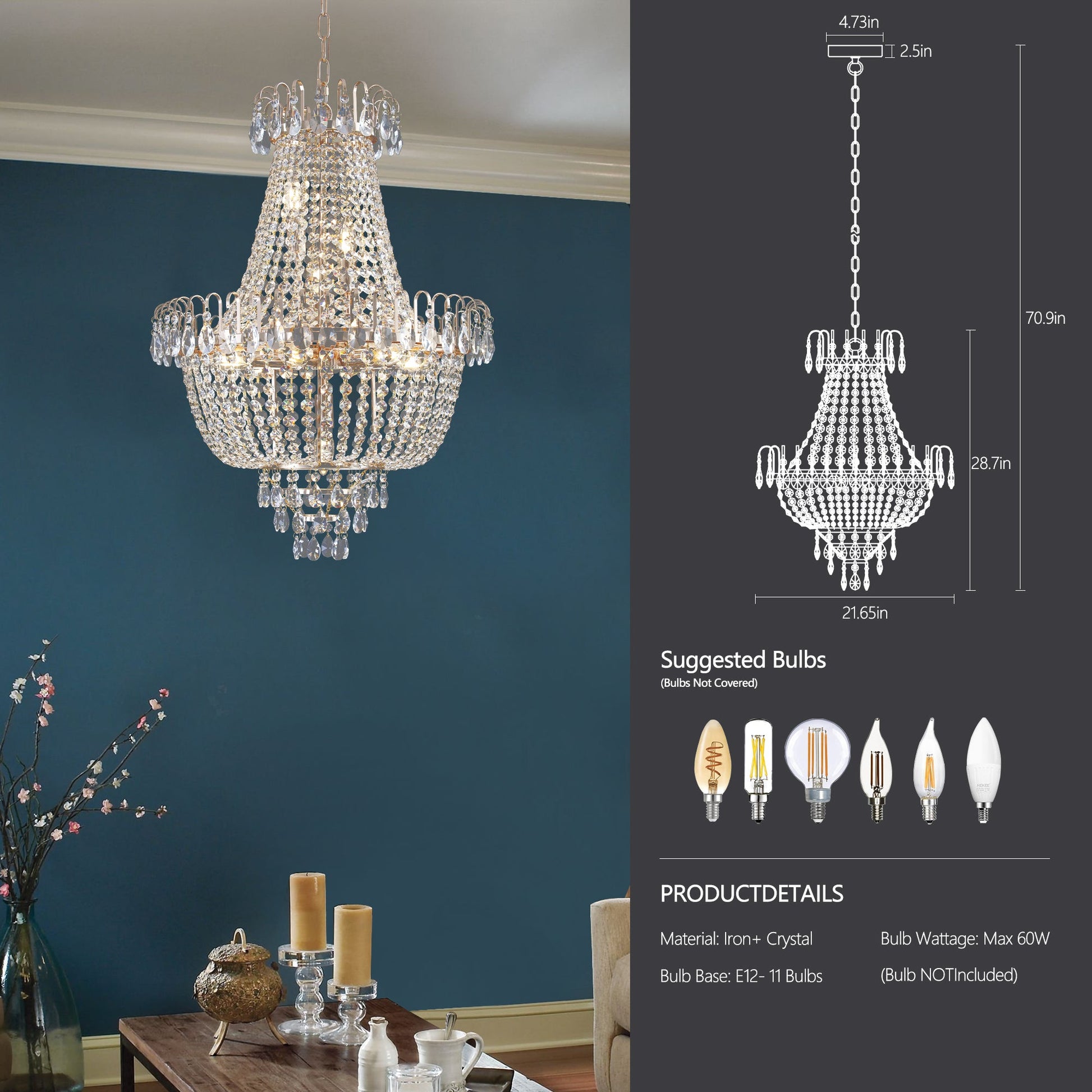 (Same as W1340P143189)Gold Crystal Chandeliers,Large Contemporary Luxury Ceiling Lighting for Living Room Dining Room Bedroom Hallway (Without Bulb) - 1st Choice Furniture Direct