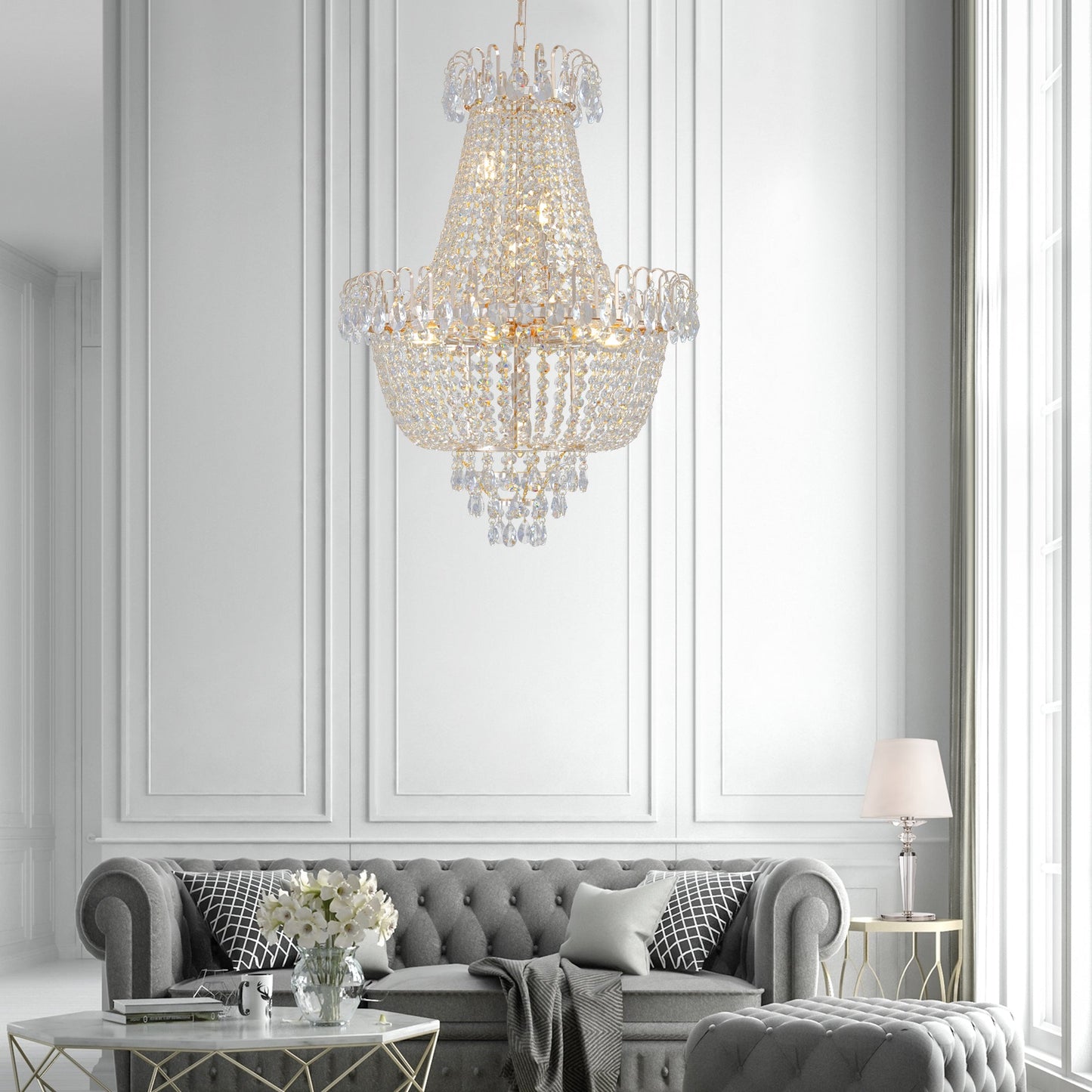 (Same as W1340P143189)Gold Crystal Chandeliers,Large Contemporary Luxury Ceiling Lighting for Living Room Dining Room Bedroom Hallway (Without Bulb) - 1st Choice Furniture Direct