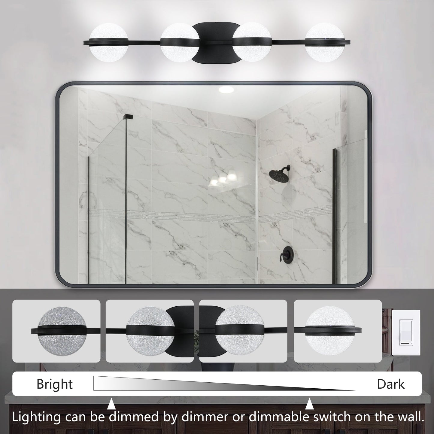 (Same as W1340P143677/L2001 - B - 4) 30' Black Minimalist LED Bathroom Vanity Light with Crystal Sand Acrylic Shades, 4 - Light Wall Mounted Decorative Lighting Fixture, Suitable for Bathroom Vanity Mirror - 1st Choice Furniture Direct