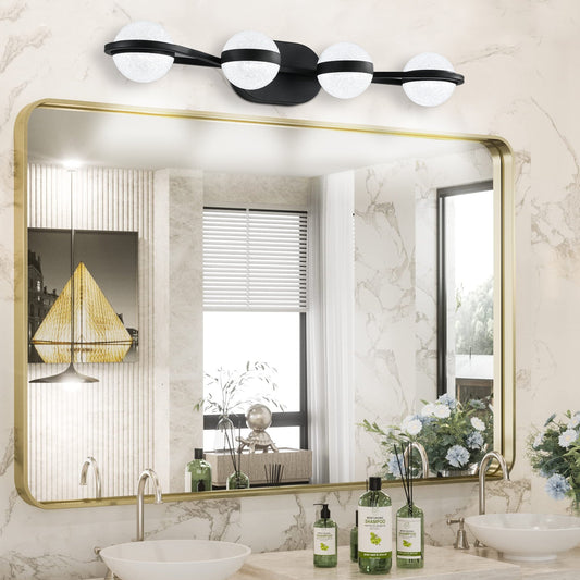 (Same as W1340P143677/L2001 - B - 4) 30' Black Minimalist LED Bathroom Vanity Light with Crystal Sand Acrylic Shades, 4 - Light Wall Mounted Decorative Lighting Fixture, Suitable for Bathroom Vanity Mirror - 1st Choice Furniture Direct