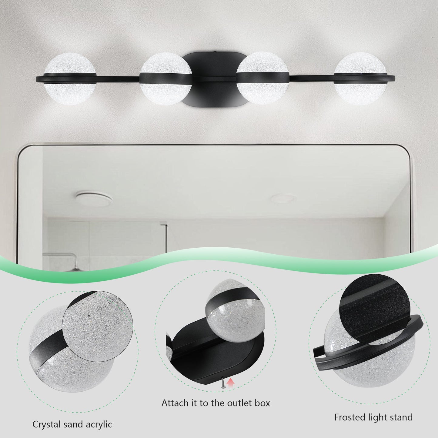 (Same as W1340P143677/L2001 - B - 4) 30' Black Minimalist LED Bathroom Vanity Light with Crystal Sand Acrylic Shades, 4 - Light Wall Mounted Decorative Lighting Fixture, Suitable for Bathroom Vanity Mirror - 1st Choice Furniture Direct