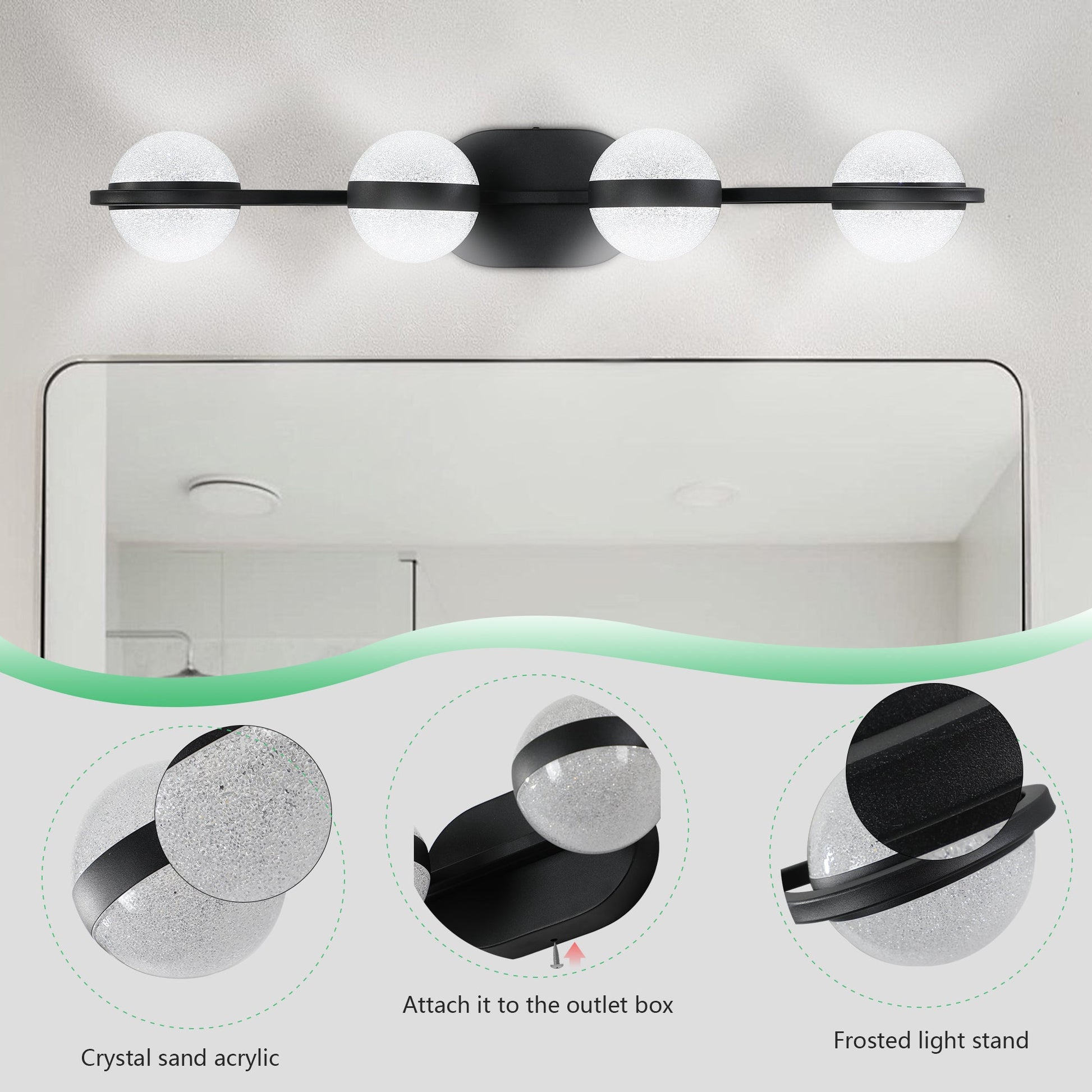 (Same as W1340P143677/L2001 - B - 4) 30' Black Minimalist LED Bathroom Vanity Light with Crystal Sand Acrylic Shades, 4 - Light Wall Mounted Decorative Lighting Fixture, Suitable for Bathroom Vanity Mirror - 1st Choice Furniture Direct
