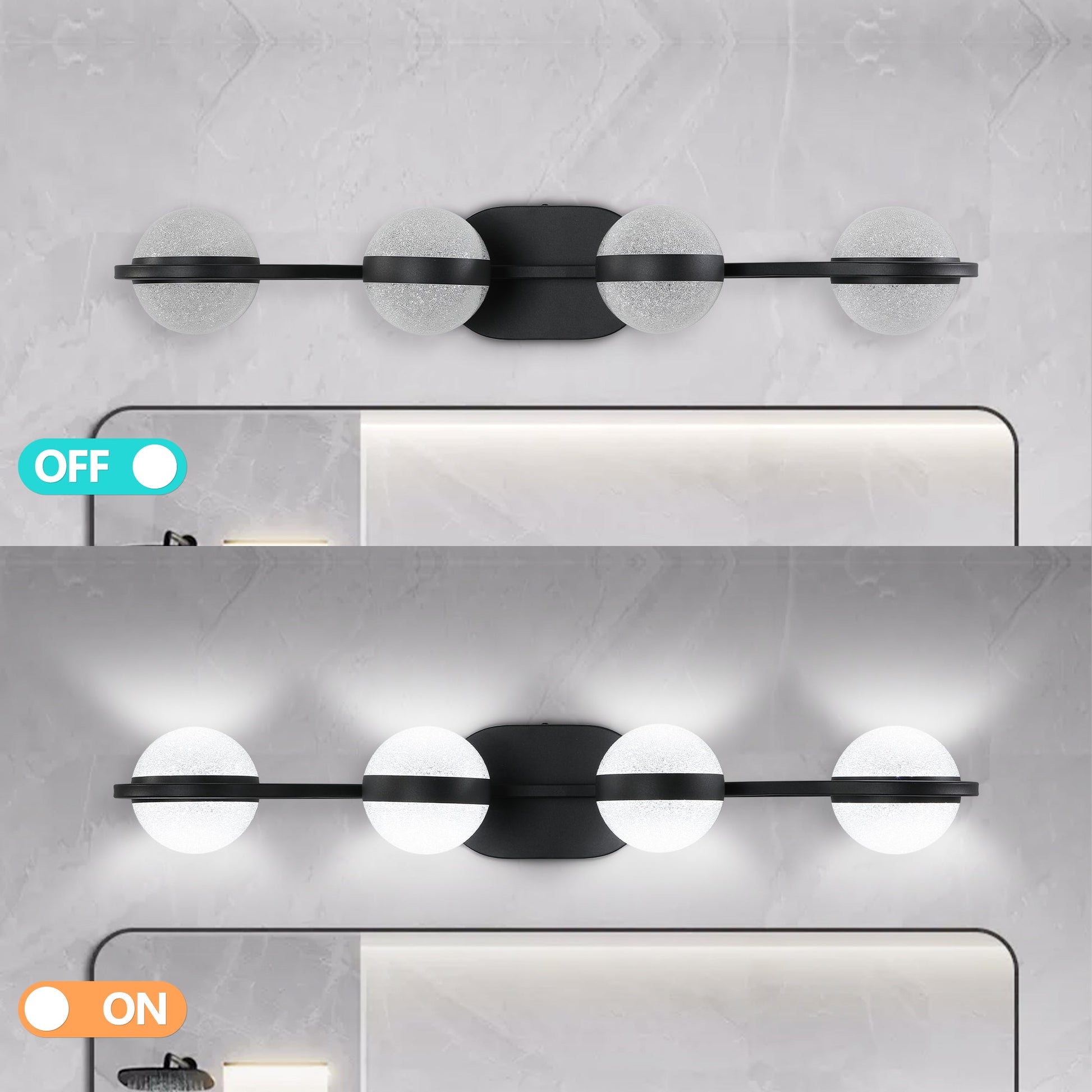 (Same as W1340P143677/L2001 - B - 4) 30' Black Minimalist LED Bathroom Vanity Light with Crystal Sand Acrylic Shades, 4 - Light Wall Mounted Decorative Lighting Fixture, Suitable for Bathroom Vanity Mirror - 1st Choice Furniture Direct
