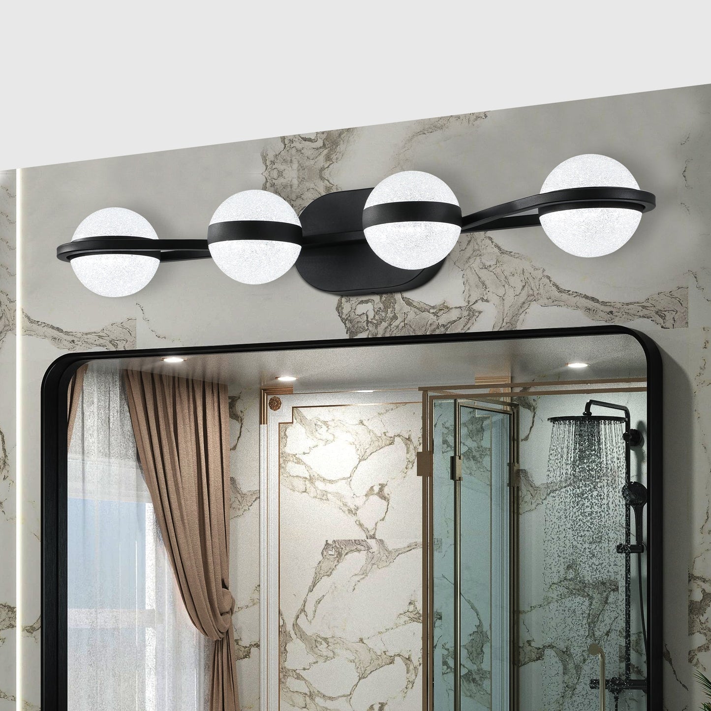 (Same as W1340P143677/L2001 - B - 4) 30' Black Minimalist LED Bathroom Vanity Light with Crystal Sand Acrylic Shades, 4 - Light Wall Mounted Decorative Lighting Fixture, Suitable for Bathroom Vanity Mirror - 1st Choice Furniture Direct