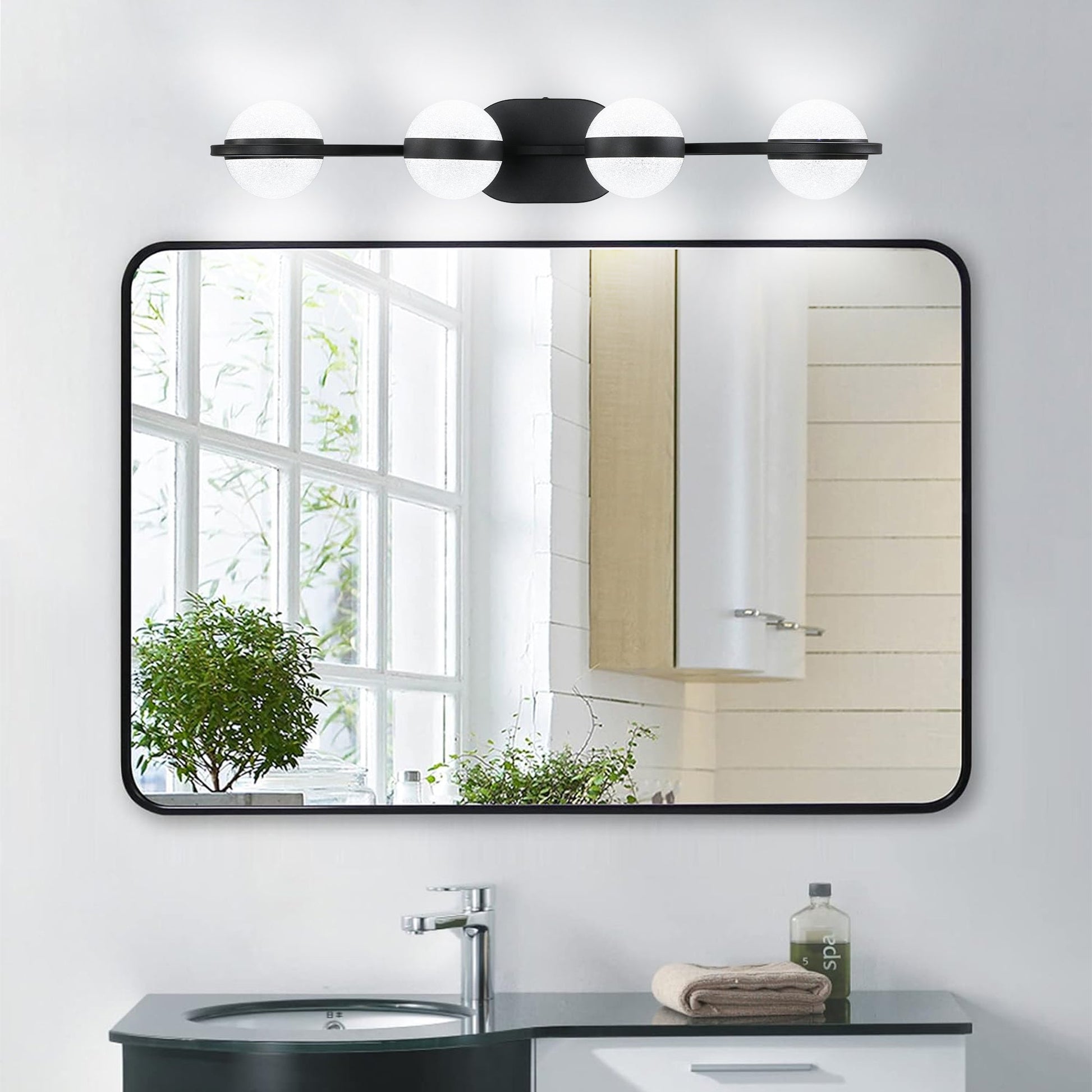 (Same as W1340P143677/L2001 - B - 4) 30' Black Minimalist LED Bathroom Vanity Light with Crystal Sand Acrylic Shades, 4 - Light Wall Mounted Decorative Lighting Fixture, Suitable for Bathroom Vanity Mirror - 1st Choice Furniture Direct
