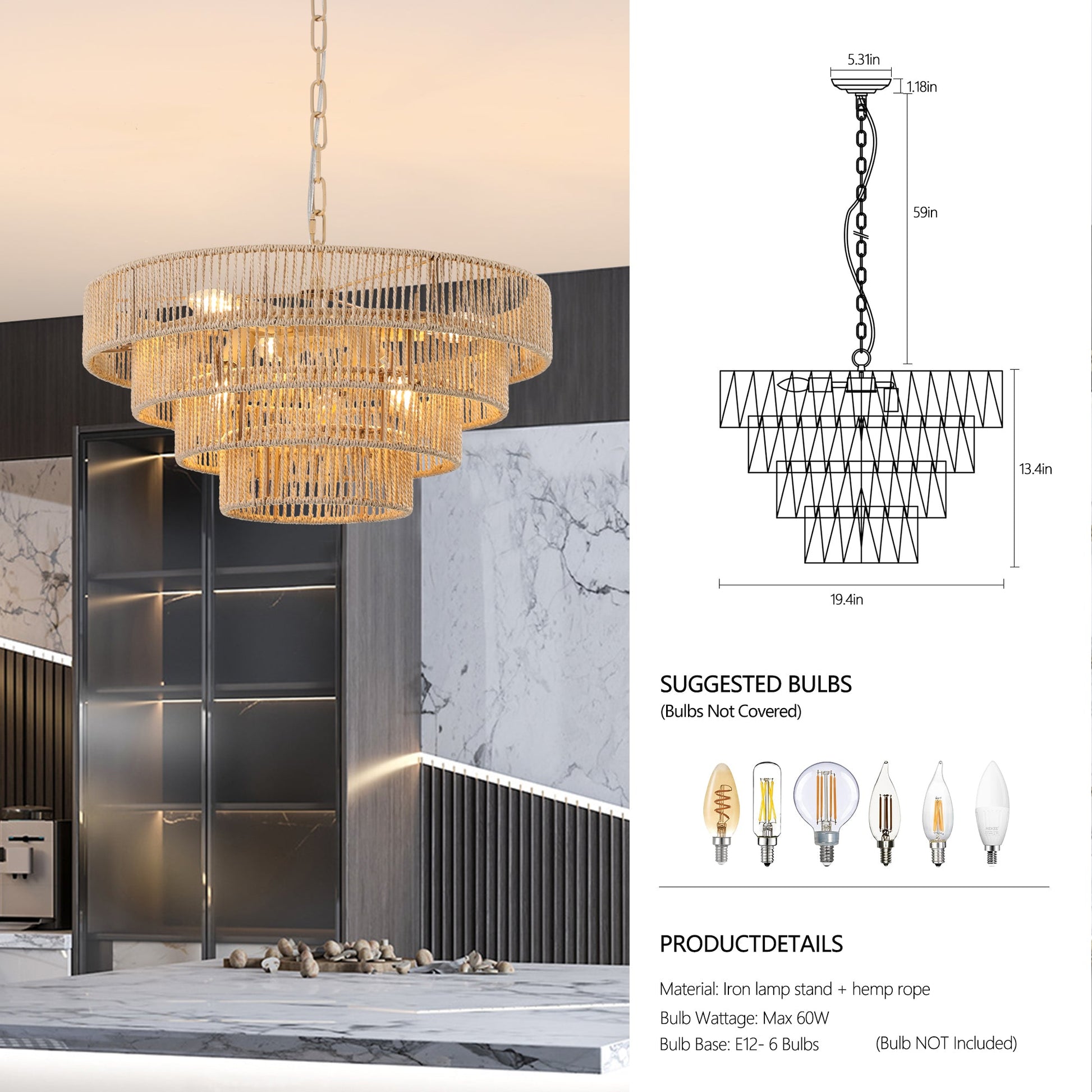 (Same as W1340P155976/L1019 - 4) 20' Modern 4 - Layer Woven Hemp Rope Chandelier, Boho Style Pendant Light, Elegant Hanging Light Fixture for Living Room, Dining Room, Bedroom (No Bulbs) - 1st Choice Furniture Direct