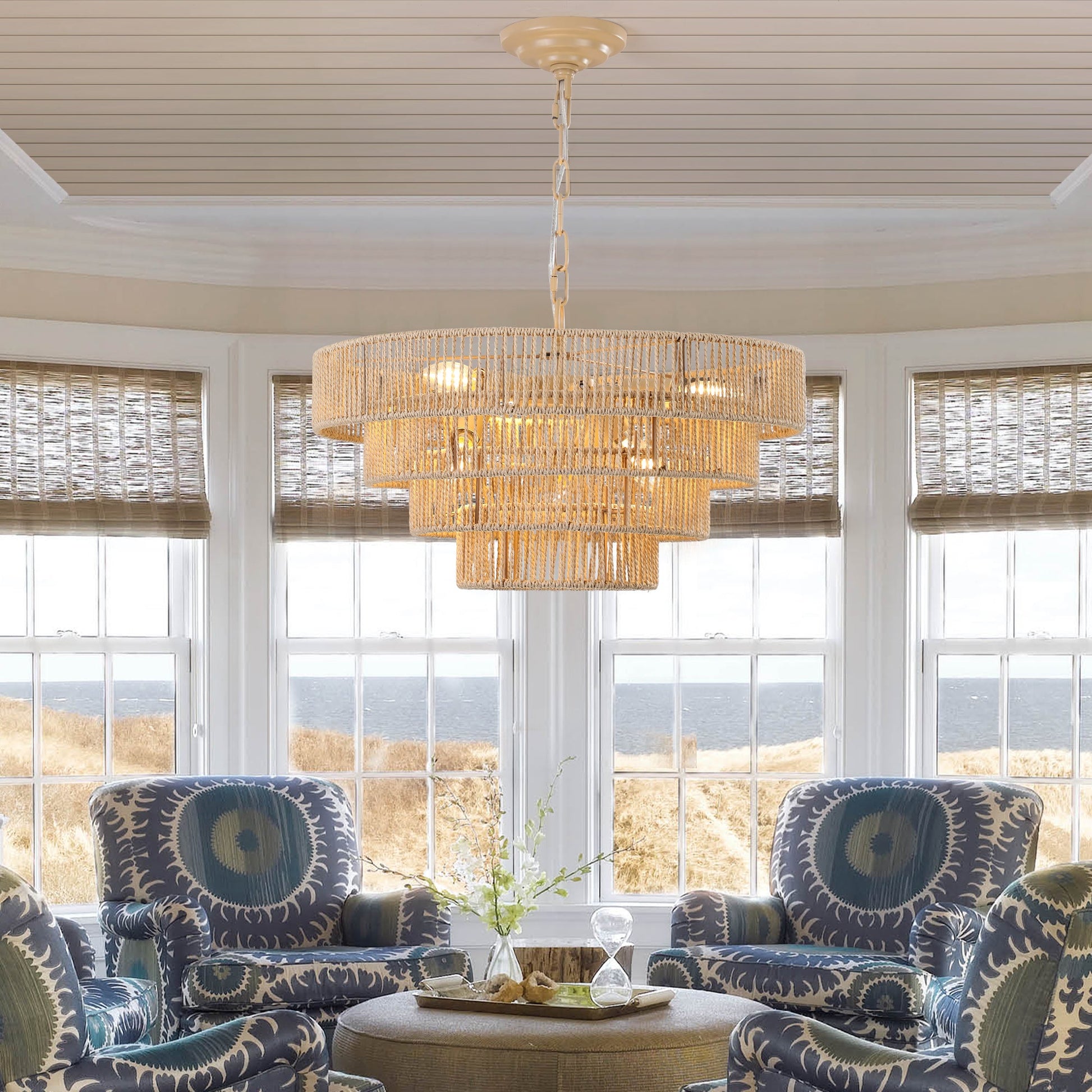 (Same as W1340P155976/L1019 - 4) 20' Modern 4 - Layer Woven Hemp Rope Chandelier, Boho Style Pendant Light, Elegant Hanging Light Fixture for Living Room, Dining Room, Bedroom (No Bulbs) - 1st Choice Furniture Direct