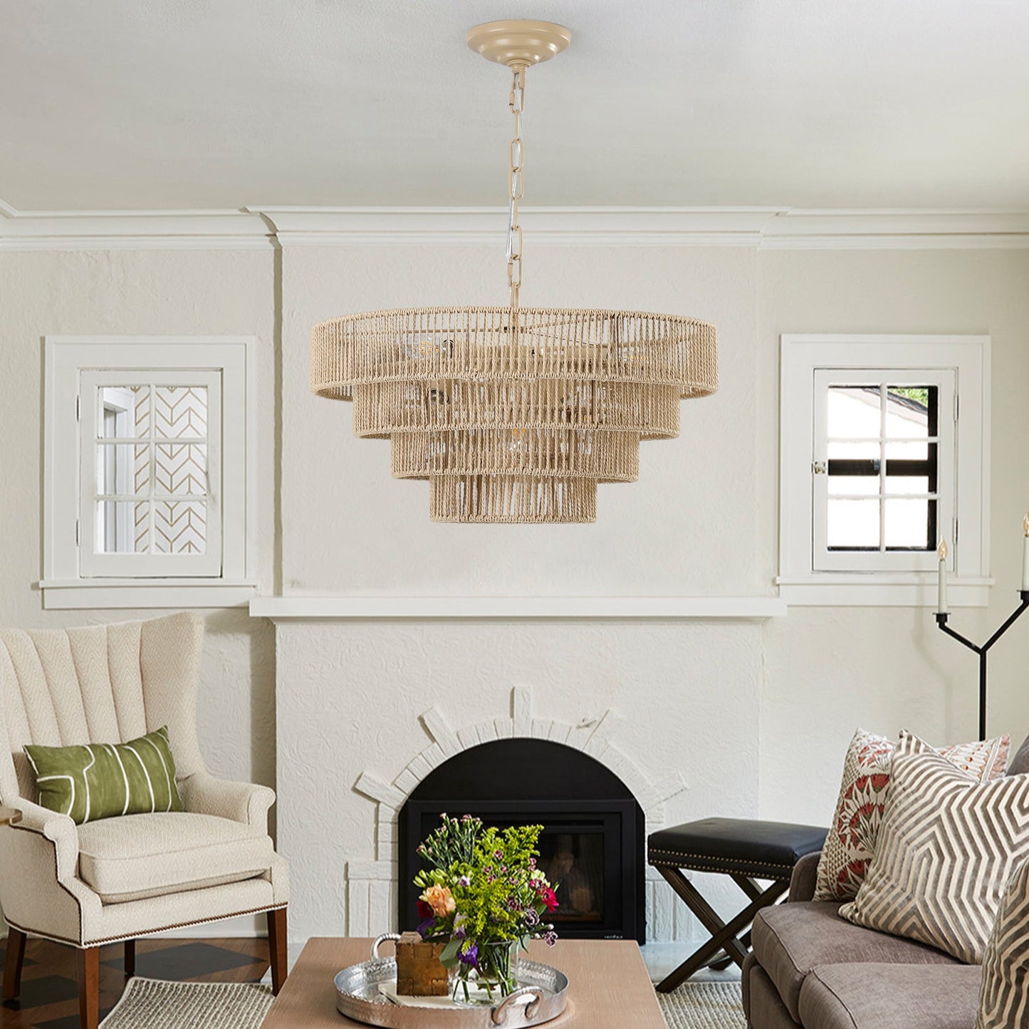 (Same as W1340P155976/L1019 - 4) 20' Modern 4 - Layer Woven Hemp Rope Chandelier, Boho Style Pendant Light, Elegant Hanging Light Fixture for Living Room, Dining Room, Bedroom (No Bulbs) - 1st Choice Furniture Direct