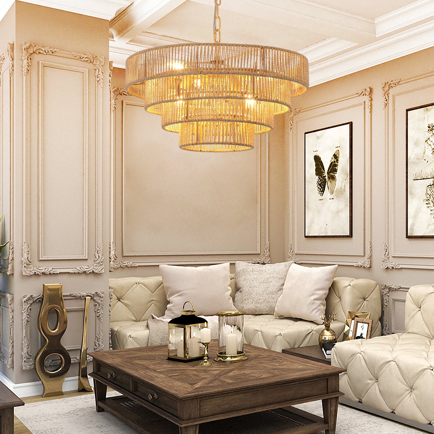(Same as W1340P155976/L1019 - 4) 20' Modern 4 - Layer Woven Hemp Rope Chandelier, Boho Style Pendant Light, Elegant Hanging Light Fixture for Living Room, Dining Room, Bedroom (No Bulbs) - 1st Choice Furniture Direct