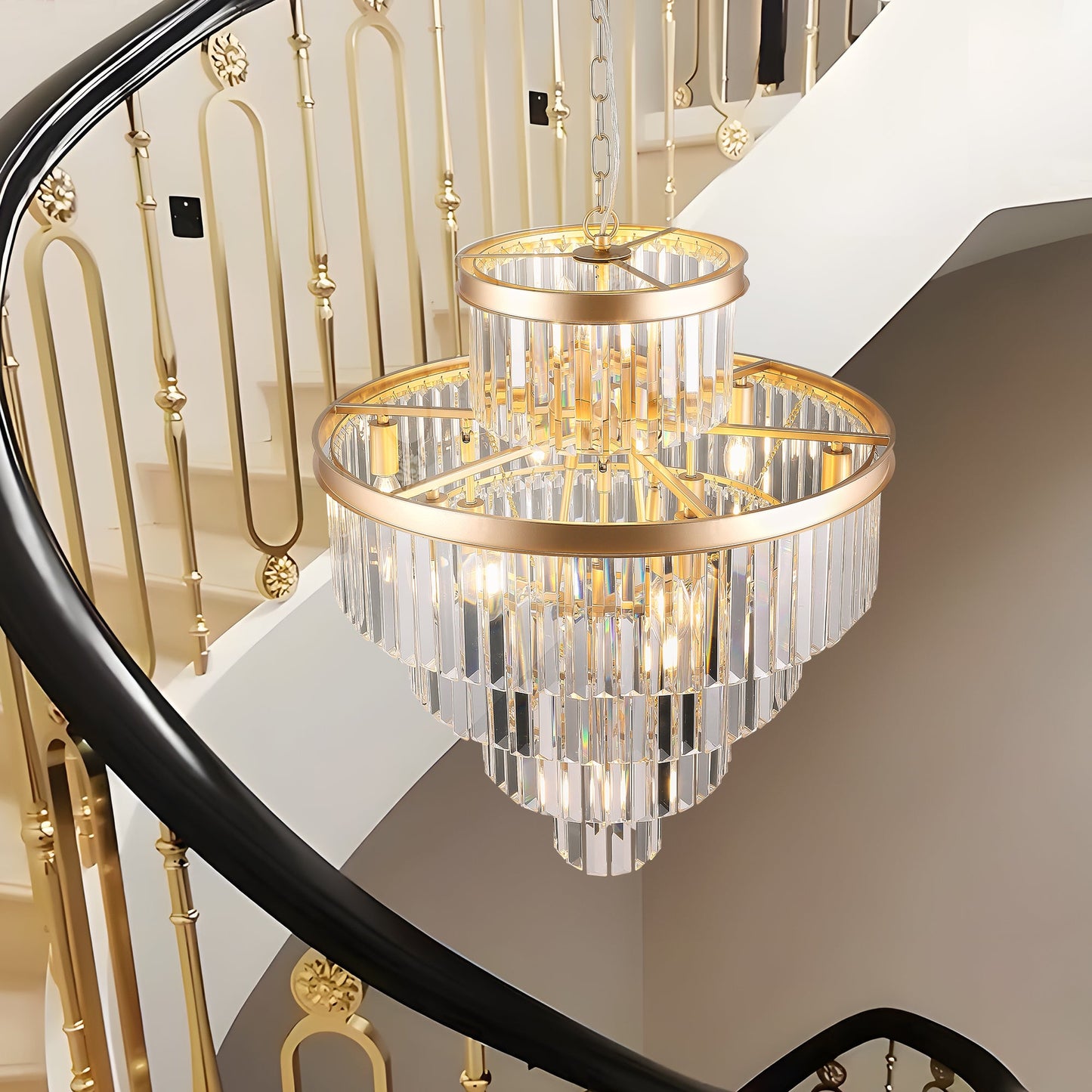 (Same as W1340P188536)Golden Luxury Crystal Chandelier Modern Chandeliers Lights Fixture Hanging Pendant Light Fixture for Dining Room Bedroom Living Room Dia 23.6 Inch - Gold - 1st Choice Furniture Direct
