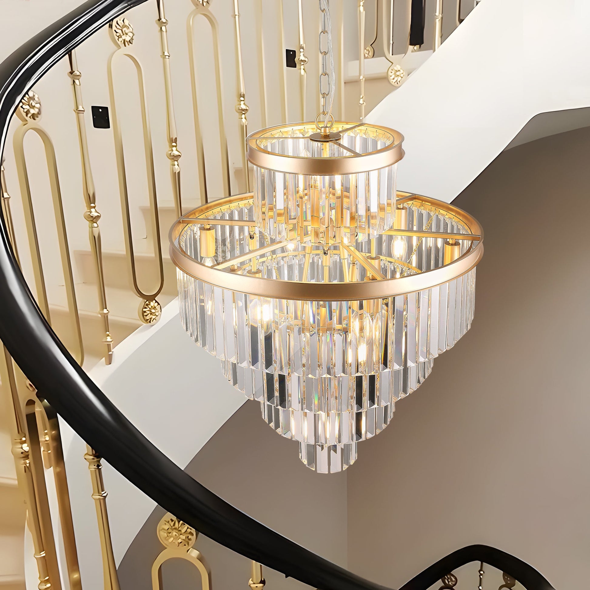 (Same as W1340P188536)Golden Luxury Crystal Chandelier Modern Chandeliers Lights Fixture Hanging Pendant Light Fixture for Dining Room Bedroom Living Room Dia 23.6 Inch - Gold - 1st Choice Furniture Direct