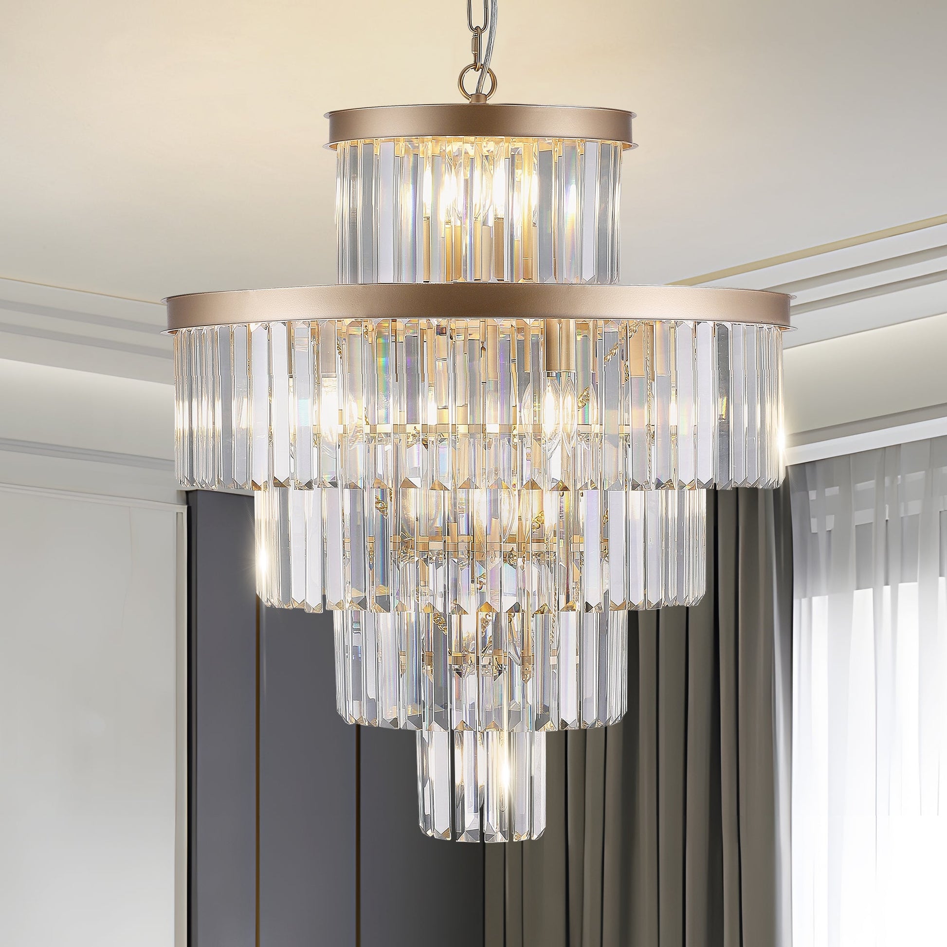 (Same as W1340P188536)Golden Luxury Crystal Chandelier Modern Chandeliers Lights Fixture Hanging Pendant Light Fixture for Dining Room Bedroom Living Room Dia 23.6 Inch - Gold - 1st Choice Furniture Direct