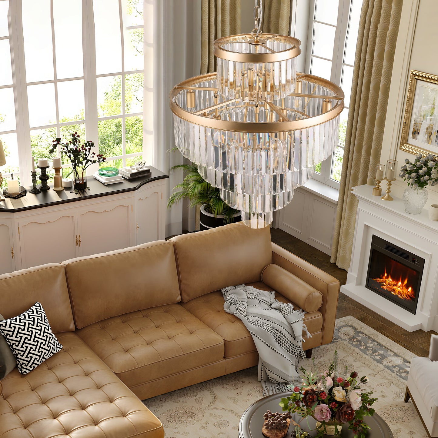 (Same as W1340P188536)Golden Luxury Crystal Chandelier Modern Chandeliers Lights Fixture Hanging Pendant Light Fixture for Dining Room Bedroom Living Room Dia 23.6 Inch - Gold - 1st Choice Furniture Direct