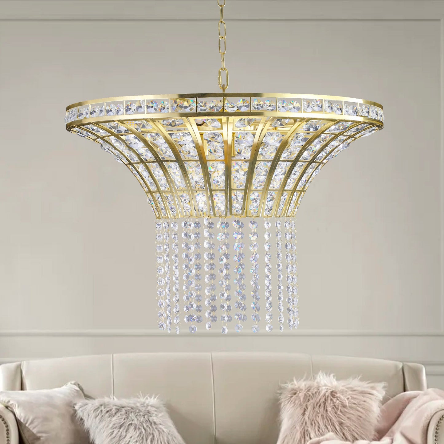 (Same as W1340P189414/L005016 - D600 - P8G) 24' Modern Crystal Round Chandelier with Gold Finish, Elegant Pendant Light with Cascading Beads, for Dining Room, Living Room, or Foyer (No Bulbs) - 1st Choice Furniture Direct