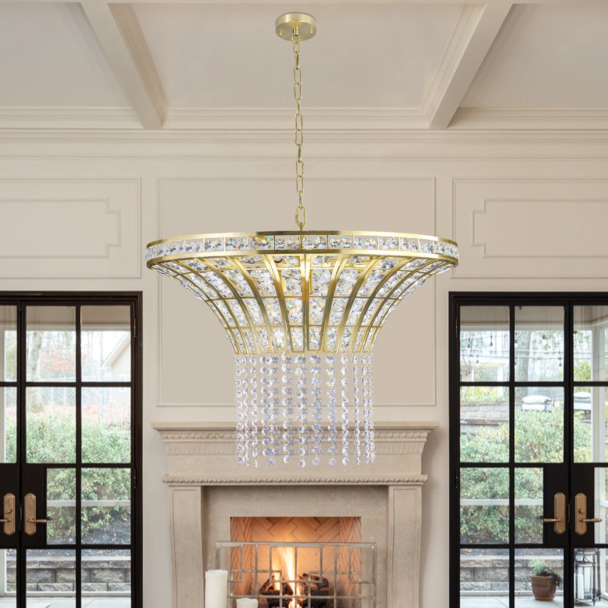 (Same as W1340P189414/L005016 - D600 - P8G) 24' Modern Crystal Round Chandelier with Gold Finish, Elegant Pendant Light with Cascading Beads, for Dining Room, Living Room, or Foyer (No Bulbs) - 1st Choice Furniture Direct
