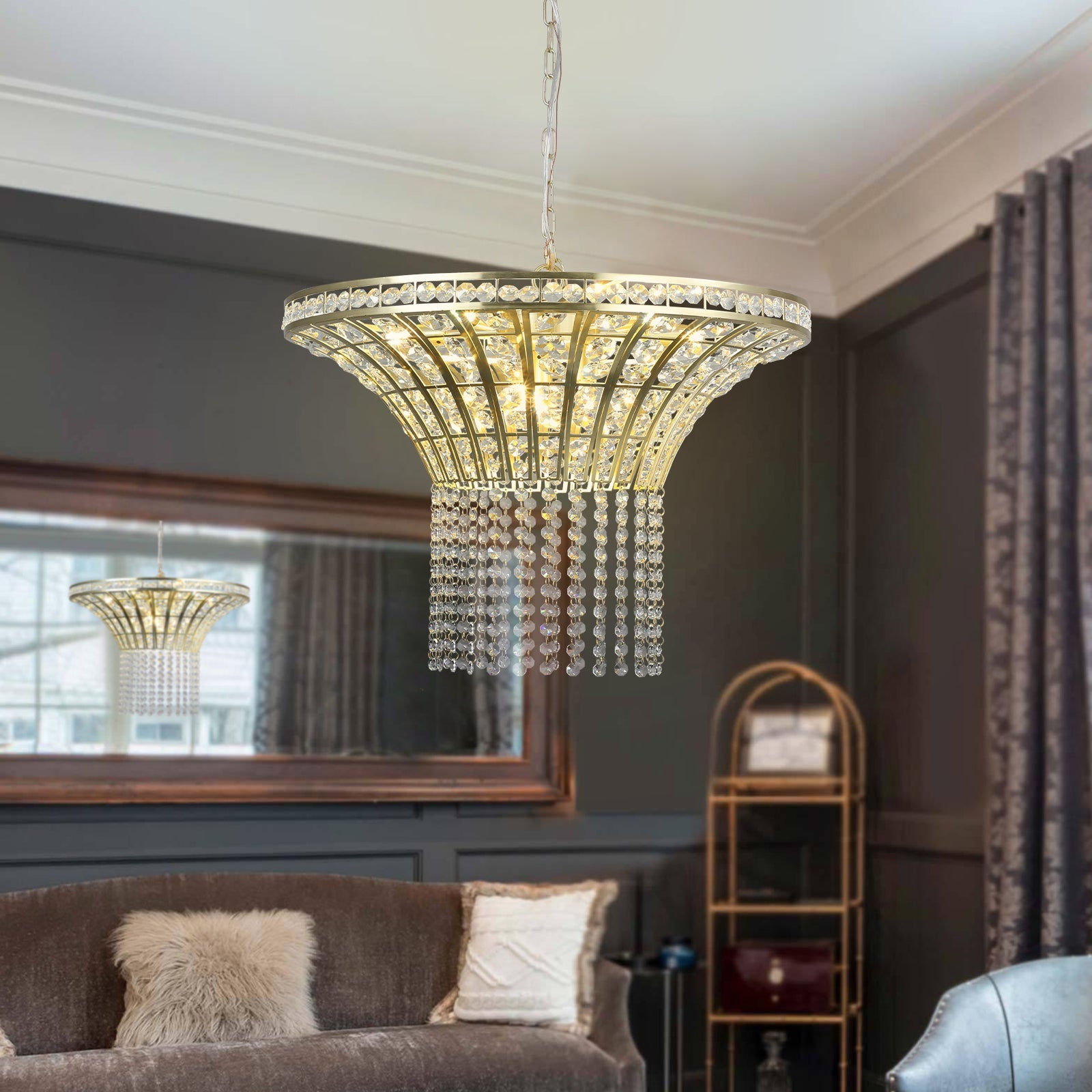 (Same as W1340P189414/L005016 - D600 - P8G) 24' Modern Crystal Round Chandelier with Gold Finish, Elegant Pendant Light with Cascading Beads, for Dining Room, Living Room, or Foyer (No Bulbs) - 1st Choice Furniture Direct
