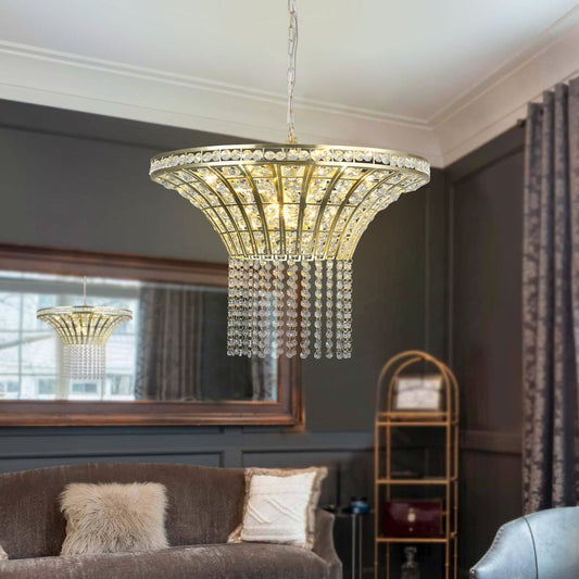 (Same as W1340P189414/L005016 - D600 - P8G) 24' Modern Crystal Round Chandelier with Gold Finish, Elegant Pendant Light with Cascading Beads, for Dining Room, Living Room, or Foyer (No Bulbs) - 1st Choice Furniture Direct