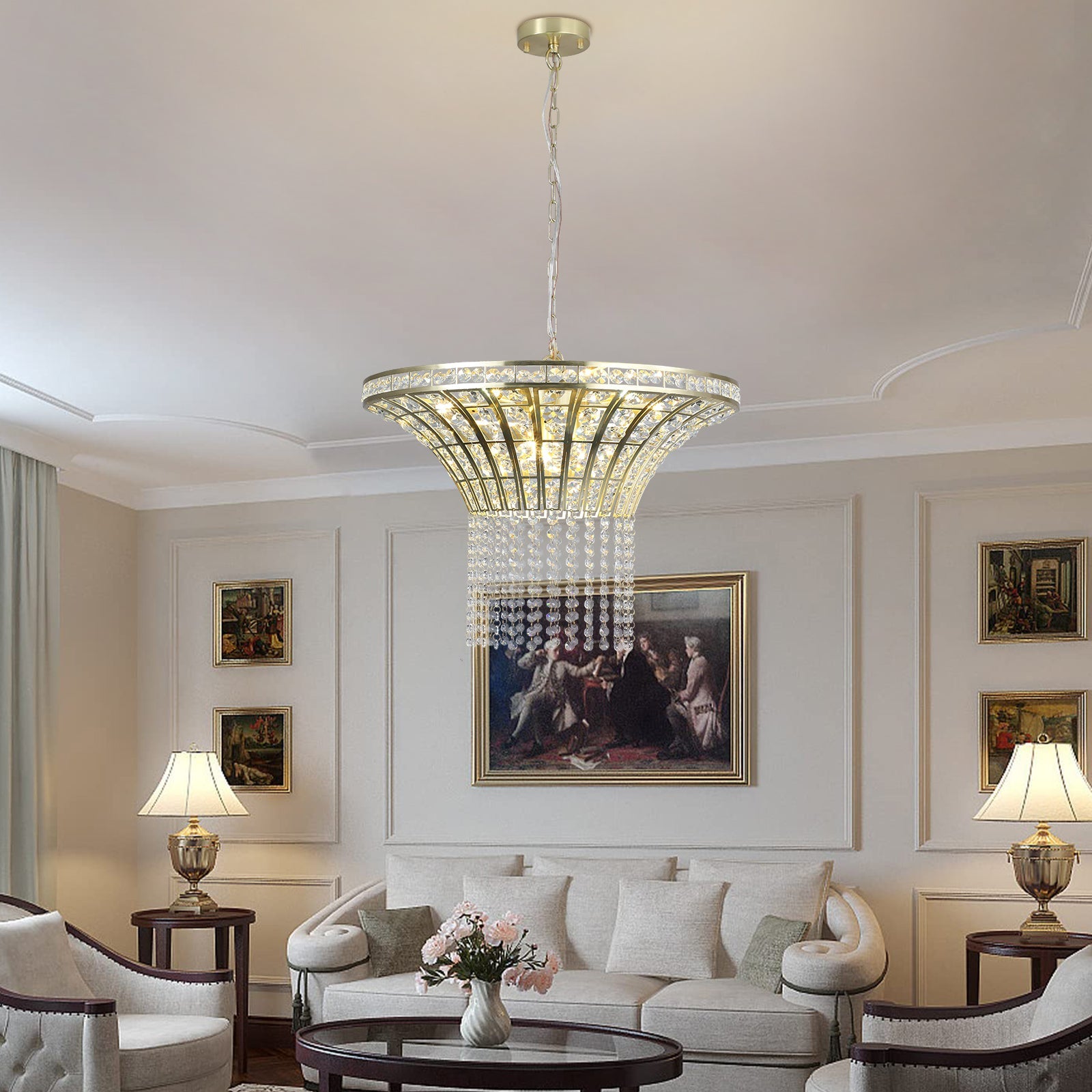 (Same as W1340P189414/L005016 - D600 - P8G) 24' Modern Crystal Round Chandelier with Gold Finish, Elegant Pendant Light with Cascading Beads, for Dining Room, Living Room, or Foyer (No Bulbs) - 1st Choice Furniture Direct