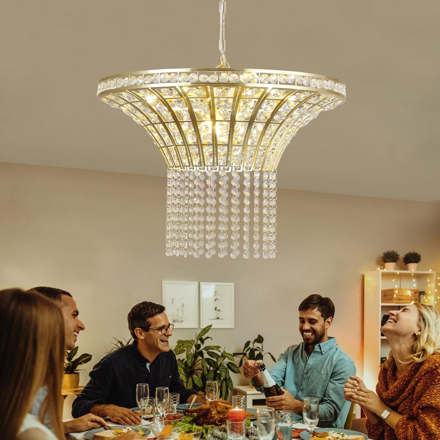 (Same as W1340P189414/L005016 - D600 - P8G) 24' Modern Crystal Round Chandelier with Gold Finish, Elegant Pendant Light with Cascading Beads, for Dining Room, Living Room, or Foyer (No Bulbs) - 1st Choice Furniture Direct