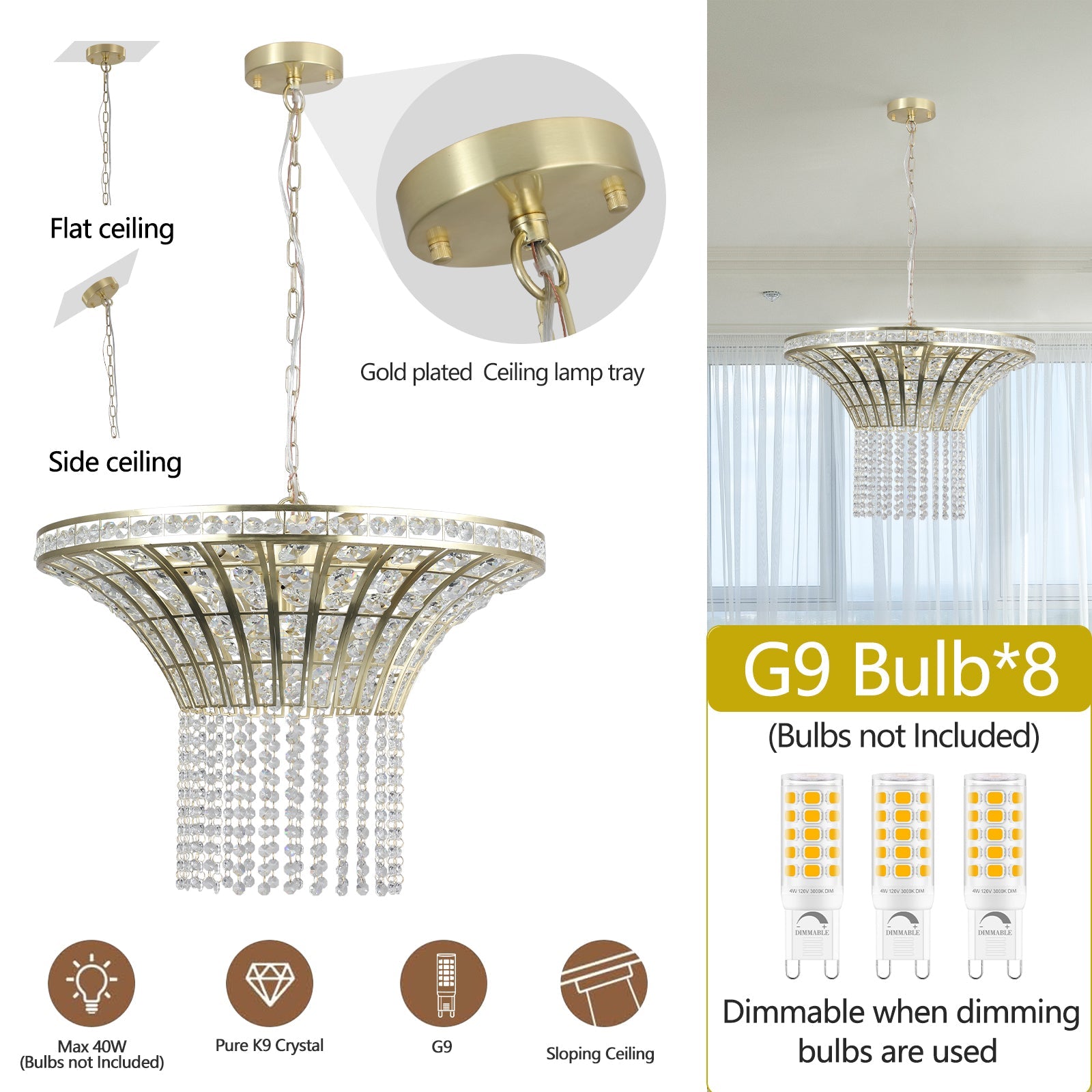 (Same as W1340P189414/L005016 - D600 - P8G) 24' Modern Crystal Round Chandelier with Gold Finish, Elegant Pendant Light with Cascading Beads, for Dining Room, Living Room, or Foyer (No Bulbs) - 1st Choice Furniture Direct