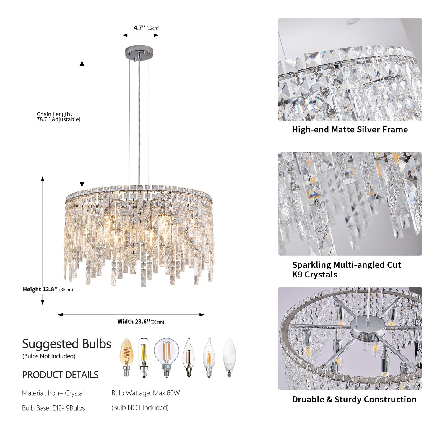 (Same as W1340P189437/L5024 - 600 - C) 24' Luxurious Round Silver Crystal Chandelier, Contemporary Rectangular Pendant Light for Dining Room, Living Room, and Grand Foyers (Bulbs Not Included) - 1st Choice Furniture Direct