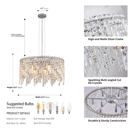 (Same as W1340P189437/L5024 - 600 - C) 24' Luxurious Round Silver Crystal Chandelier, Contemporary Rectangular Pendant Light for Dining Room, Living Room, and Grand Foyers (Bulbs Not Included) - 1st Choice Furniture Direct