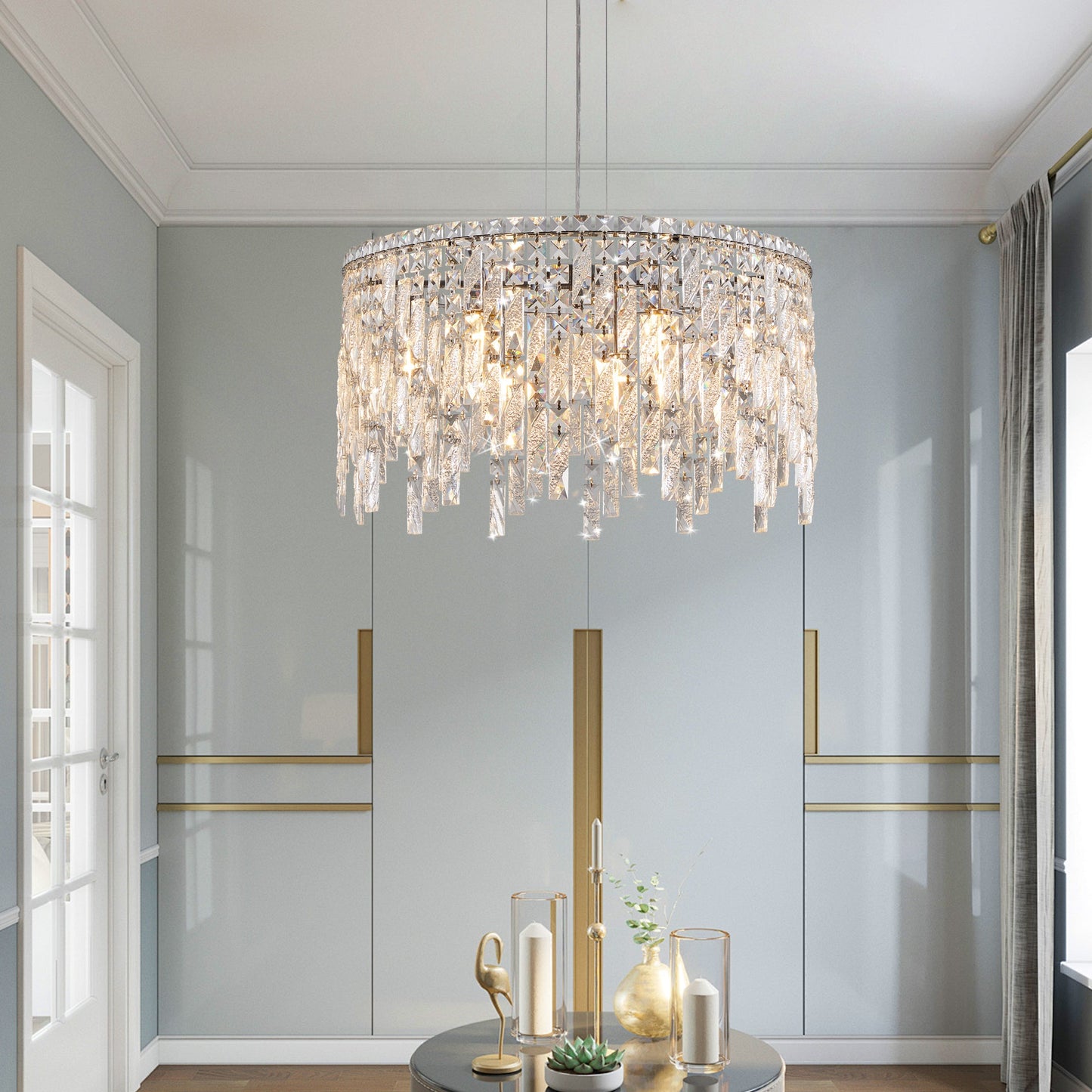 (Same as W1340P189437/L5024 - 600 - C) 24' Luxurious Round Silver Crystal Chandelier, Contemporary Rectangular Pendant Light for Dining Room, Living Room, and Grand Foyers (Bulbs Not Included) - 1st Choice Furniture Direct