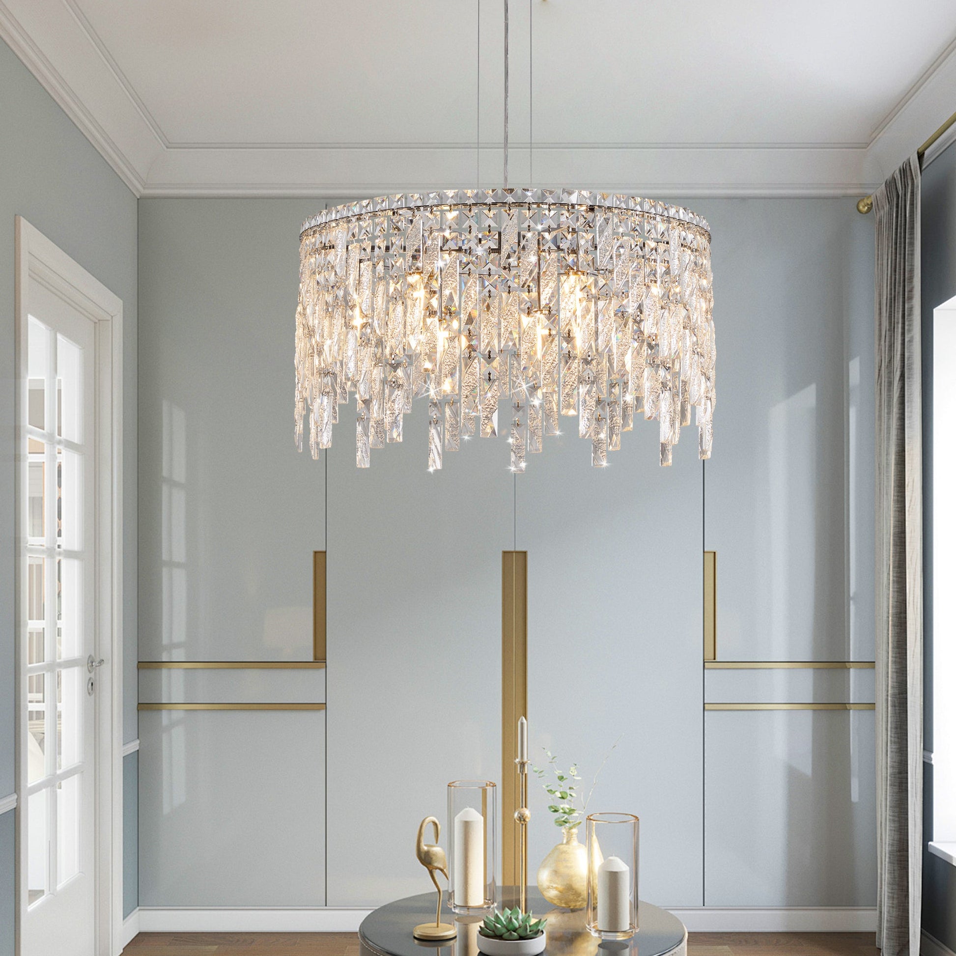 (Same as W1340P189437/L5024 - 600 - C) 24' Luxurious Round Silver Crystal Chandelier, Contemporary Rectangular Pendant Light for Dining Room, Living Room, and Grand Foyers (Bulbs Not Included) - 1st Choice Furniture Direct