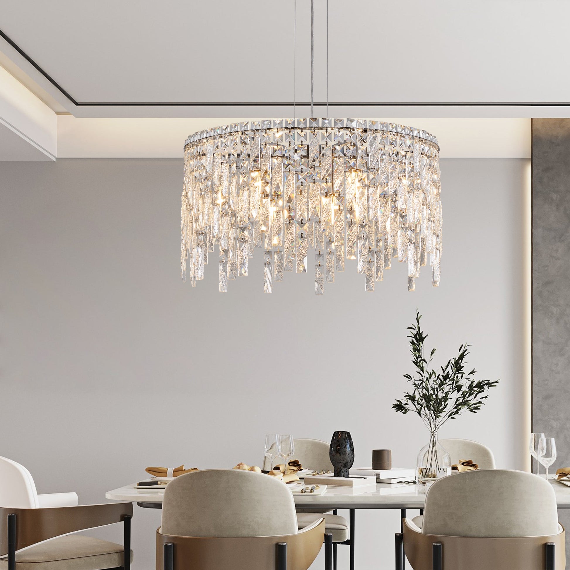(Same as W1340P189437/L5024 - 600 - C) 24' Luxurious Round Silver Crystal Chandelier, Contemporary Rectangular Pendant Light for Dining Room, Living Room, and Grand Foyers (Bulbs Not Included) - 1st Choice Furniture Direct