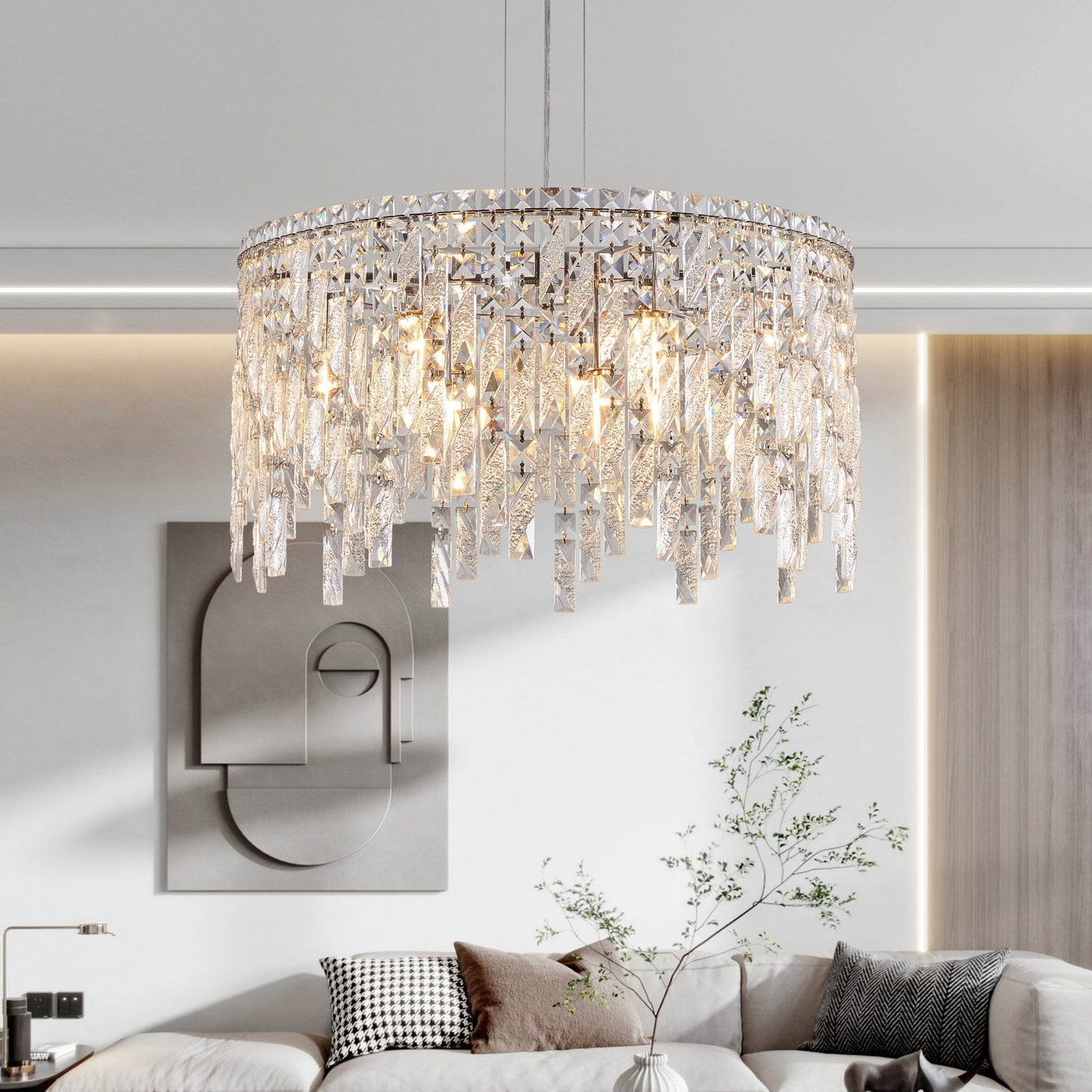 (Same as W1340P189437/L5024 - 600 - C) 24' Luxurious Round Silver Crystal Chandelier, Contemporary Rectangular Pendant Light for Dining Room, Living Room, and Grand Foyers (Bulbs Not Included) - 1st Choice Furniture Direct
