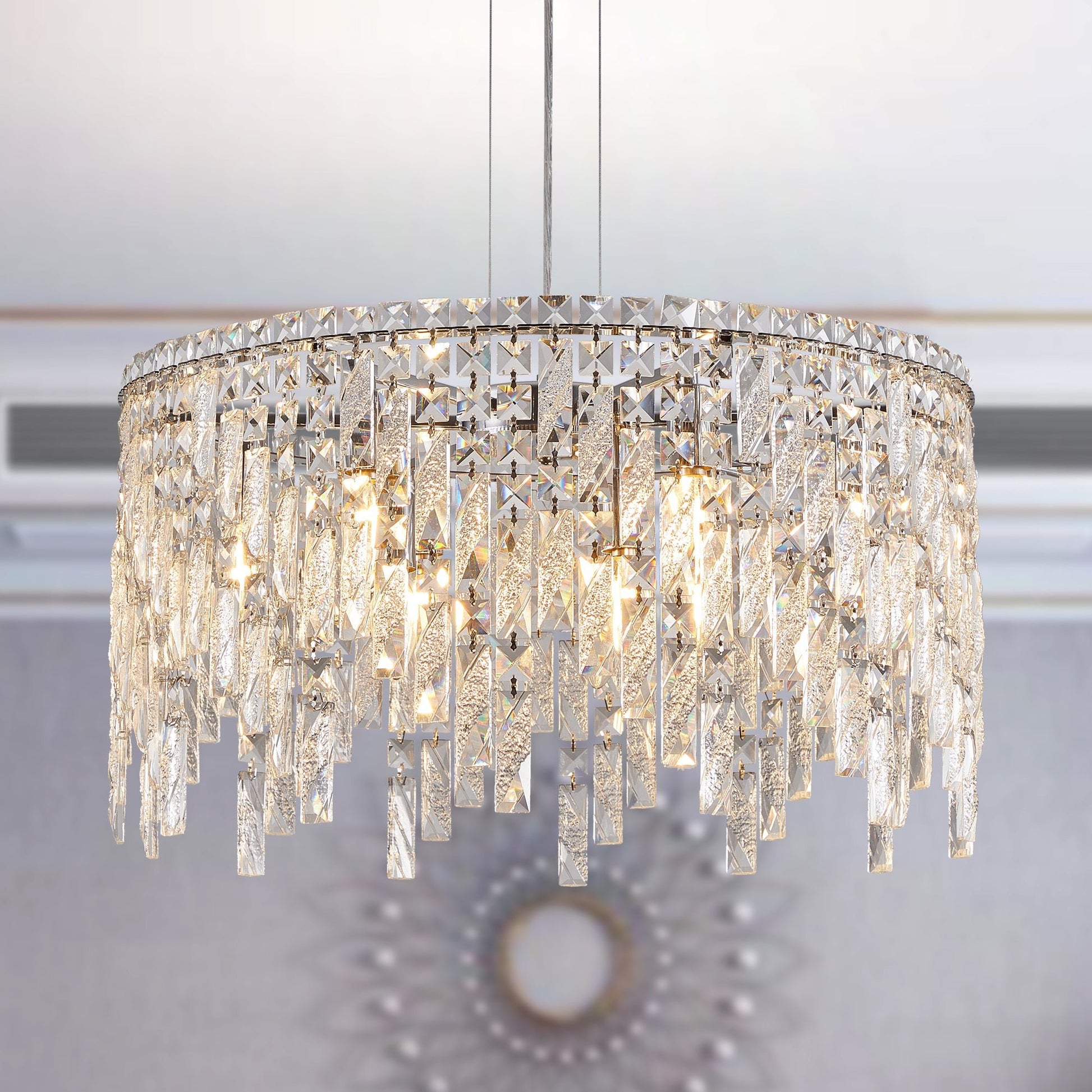 (Same as W1340P189437/L5024 - 600 - C) 24' Luxurious Round Silver Crystal Chandelier, Contemporary Rectangular Pendant Light for Dining Room, Living Room, and Grand Foyers (Bulbs Not Included) - 1st Choice Furniture Direct
