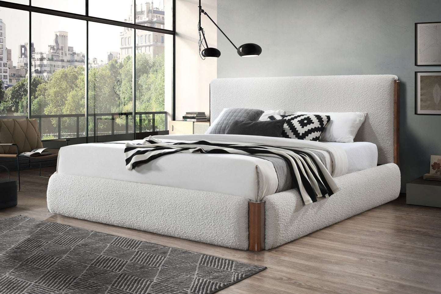 Sandro White Boucle & Walnut Finish EK Bed - 1st Choice Furniture Direct