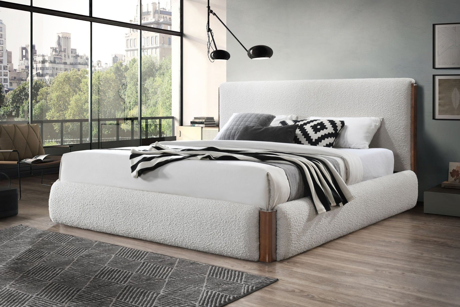 Sandro White Boucle & Walnut Finish EK Bed - 1st Choice Furniture Direct