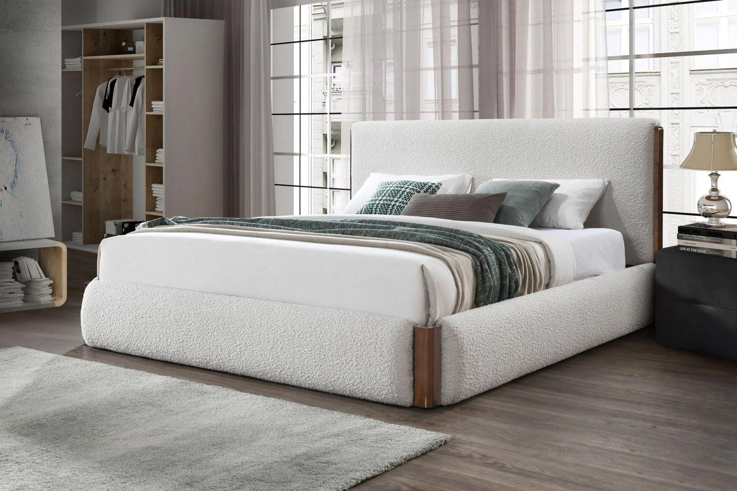 Sandro White Boucle & Walnut Finish EK Bed - 1st Choice Furniture Direct